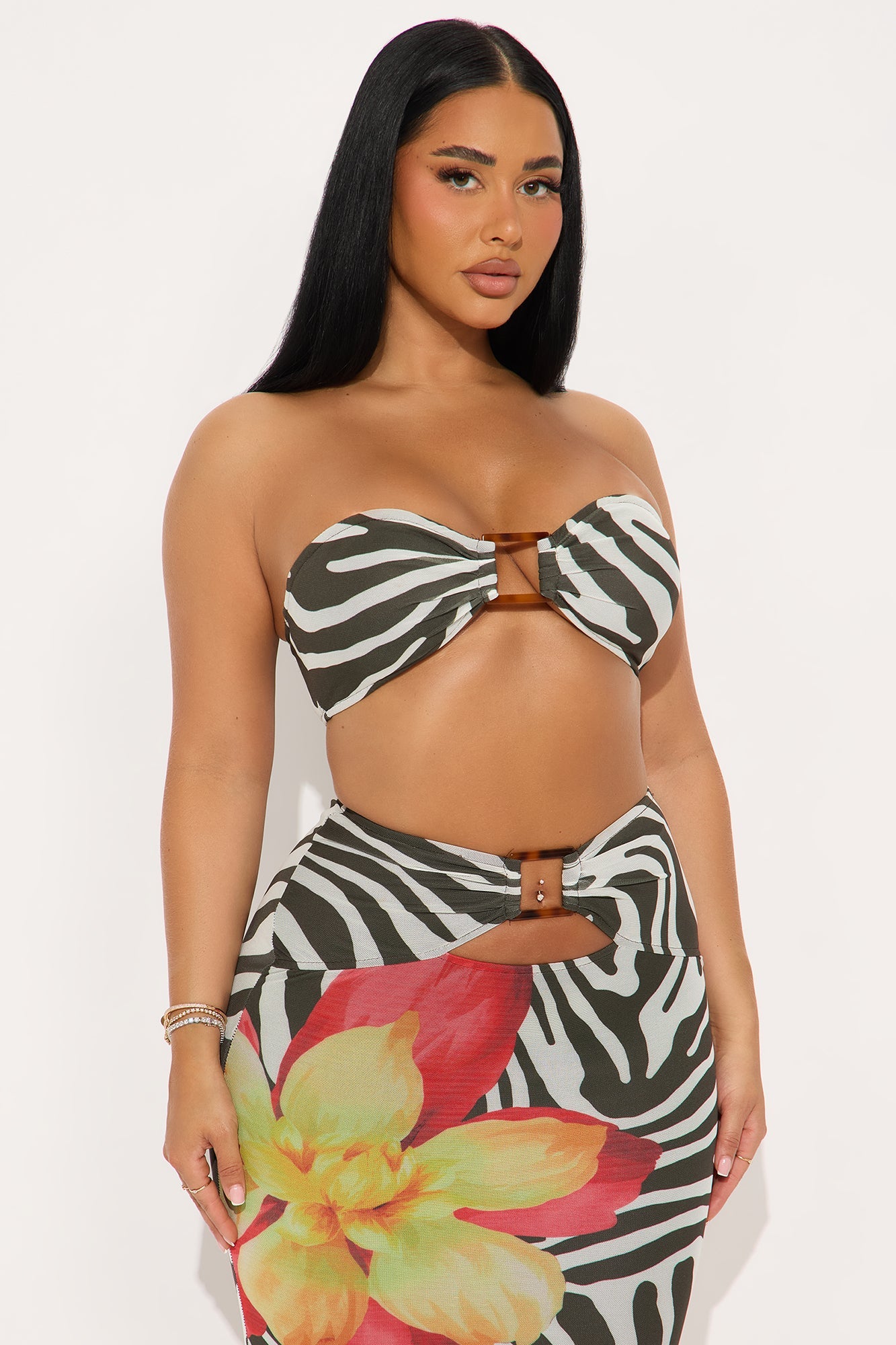 Exotic Breeze Mesh Maxi Skirt Set - Brown/combo