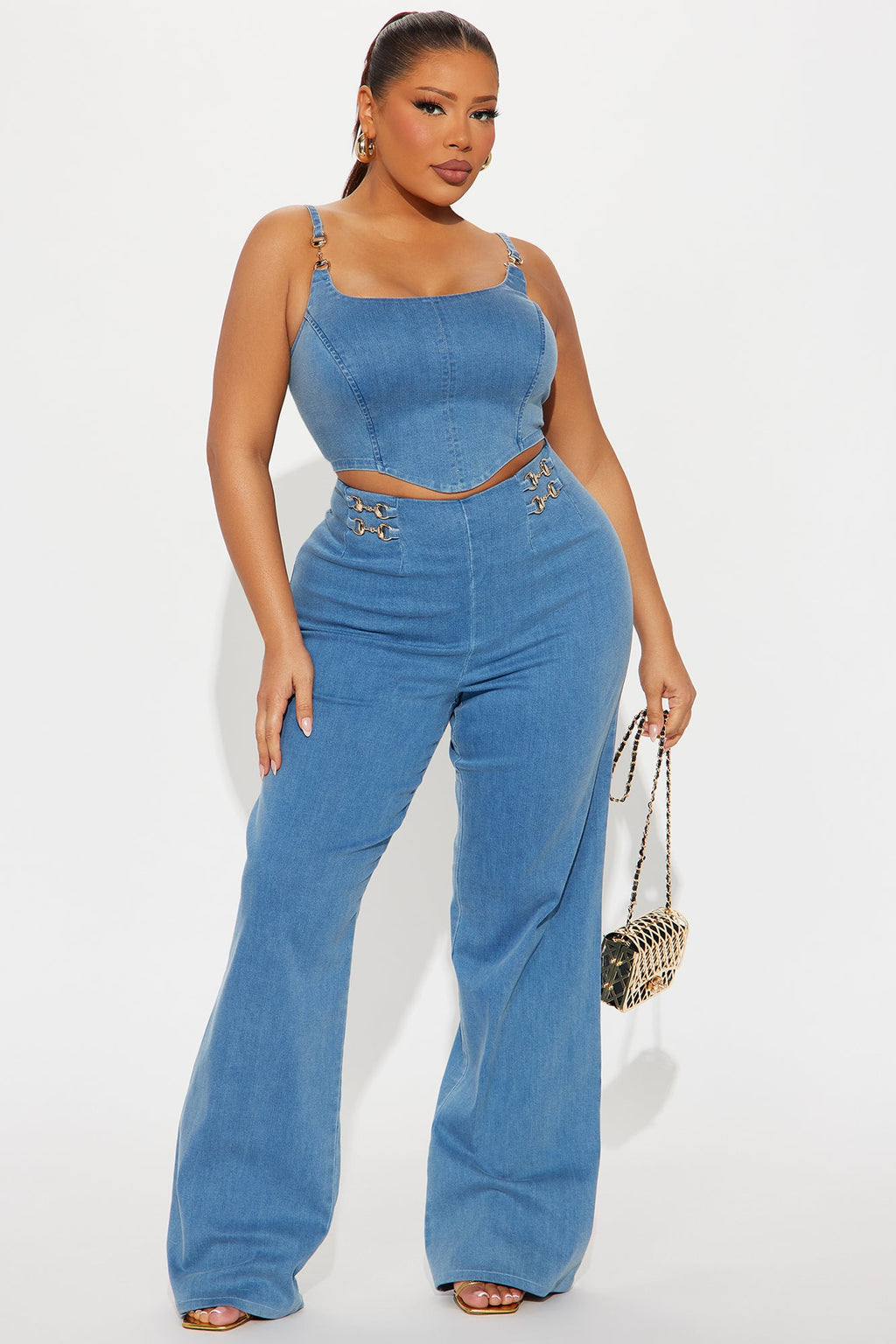 Slay The Day Denim Pant Set - Medium Wash