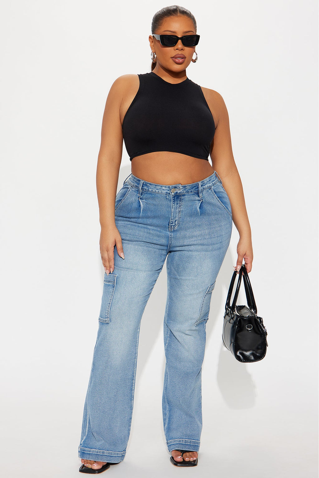 Counting On It Cargo Stretch Flare Jeans - Medium Wash