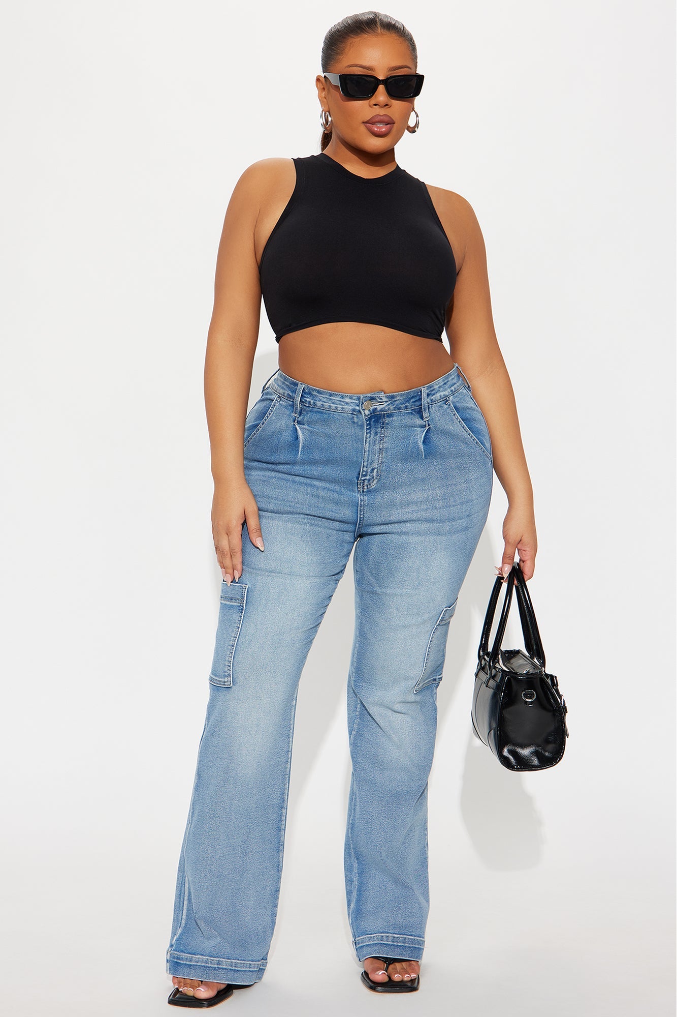 Counting On It Cargo Stretch Flare Jeans - Medium Wash