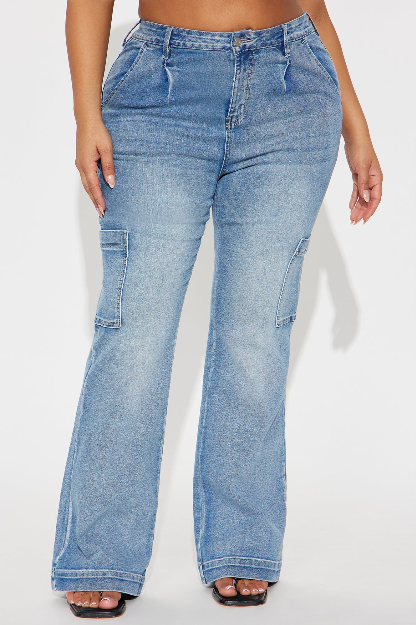 Counting On It Cargo Stretch Flare Jeans - Medium Wash