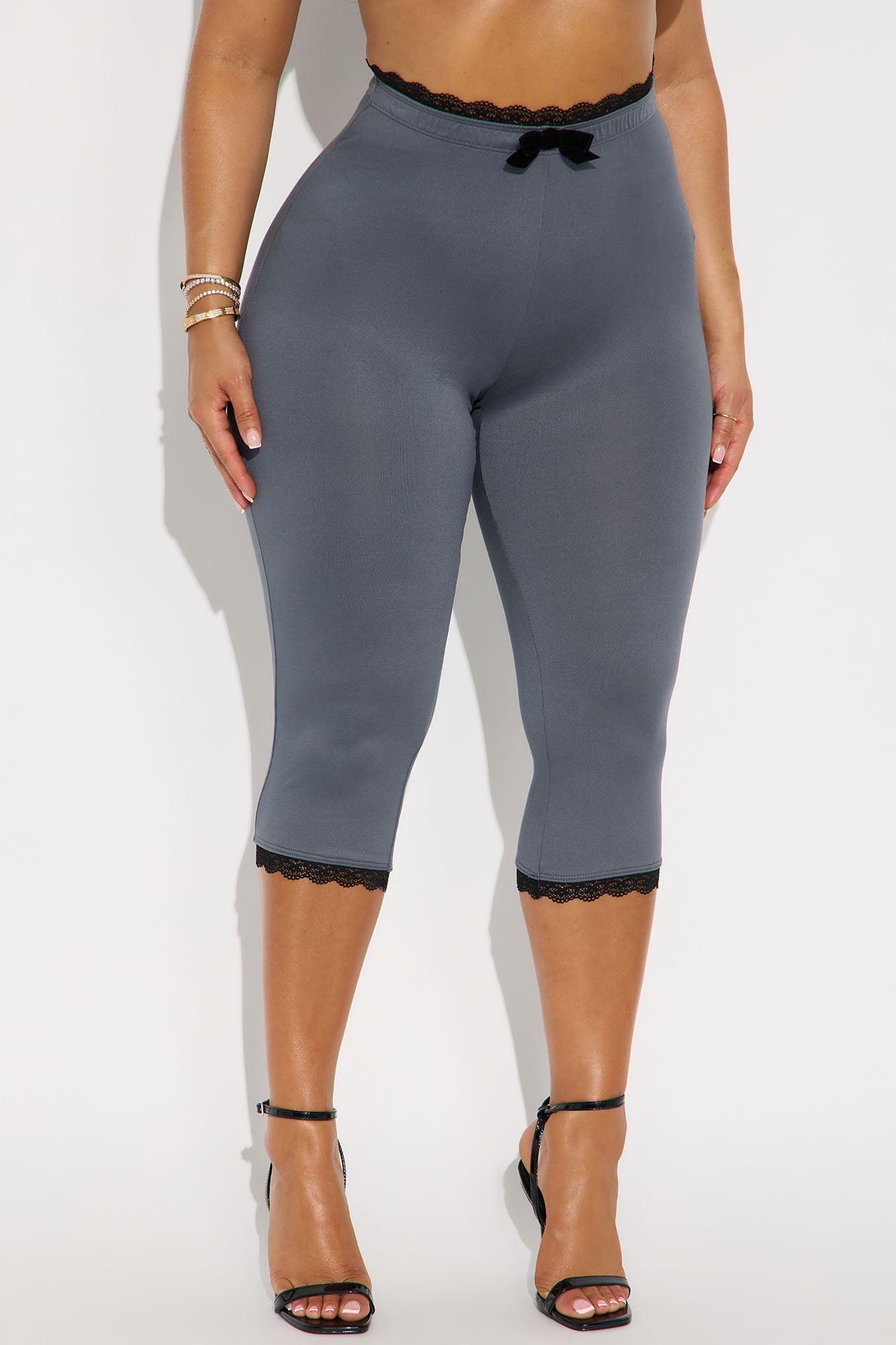 Valentina Solid Lace Trim Capri Legging - Charcoal