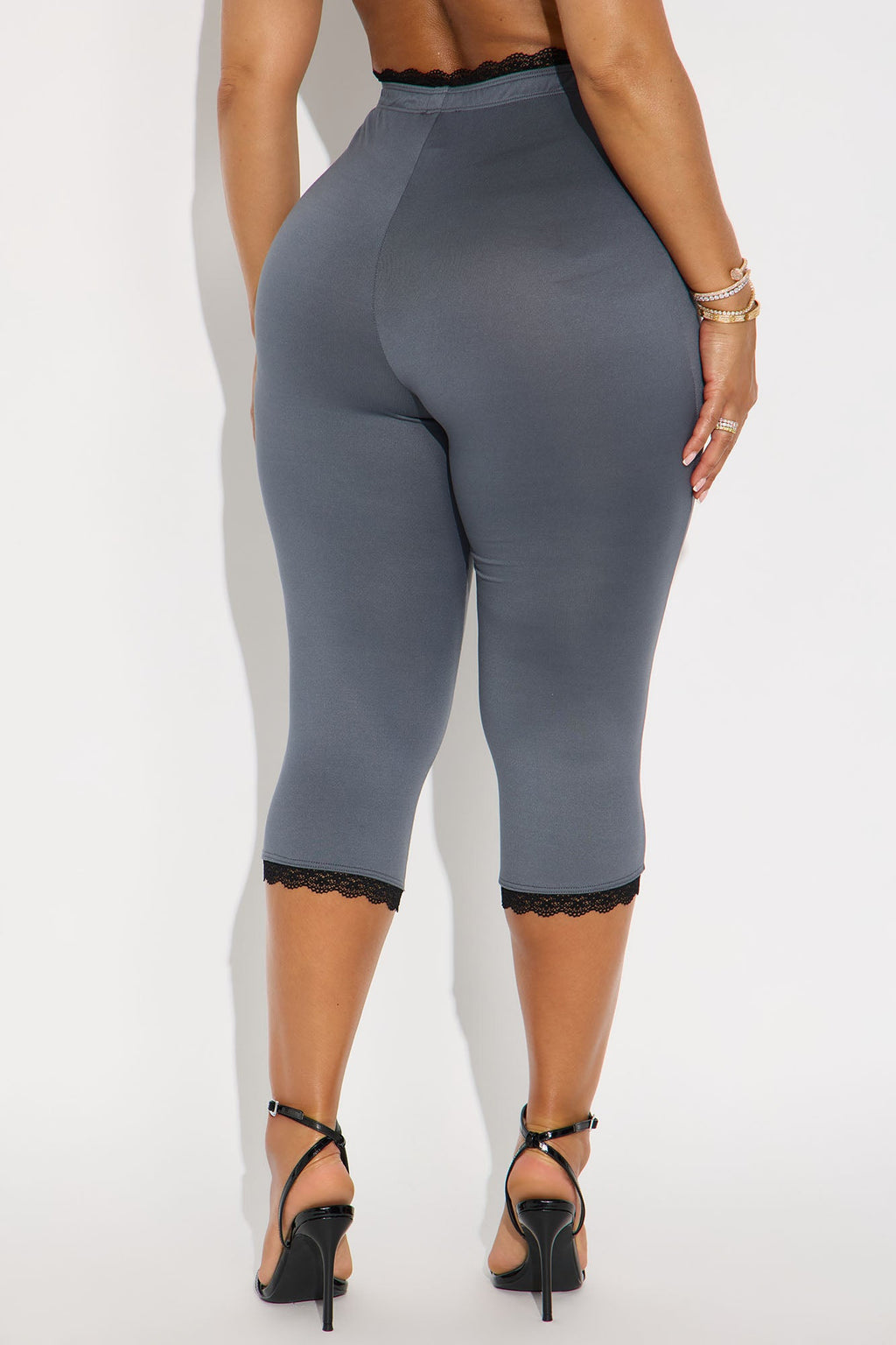 Valentina Solid Lace Trim Capri Legging - Charcoal