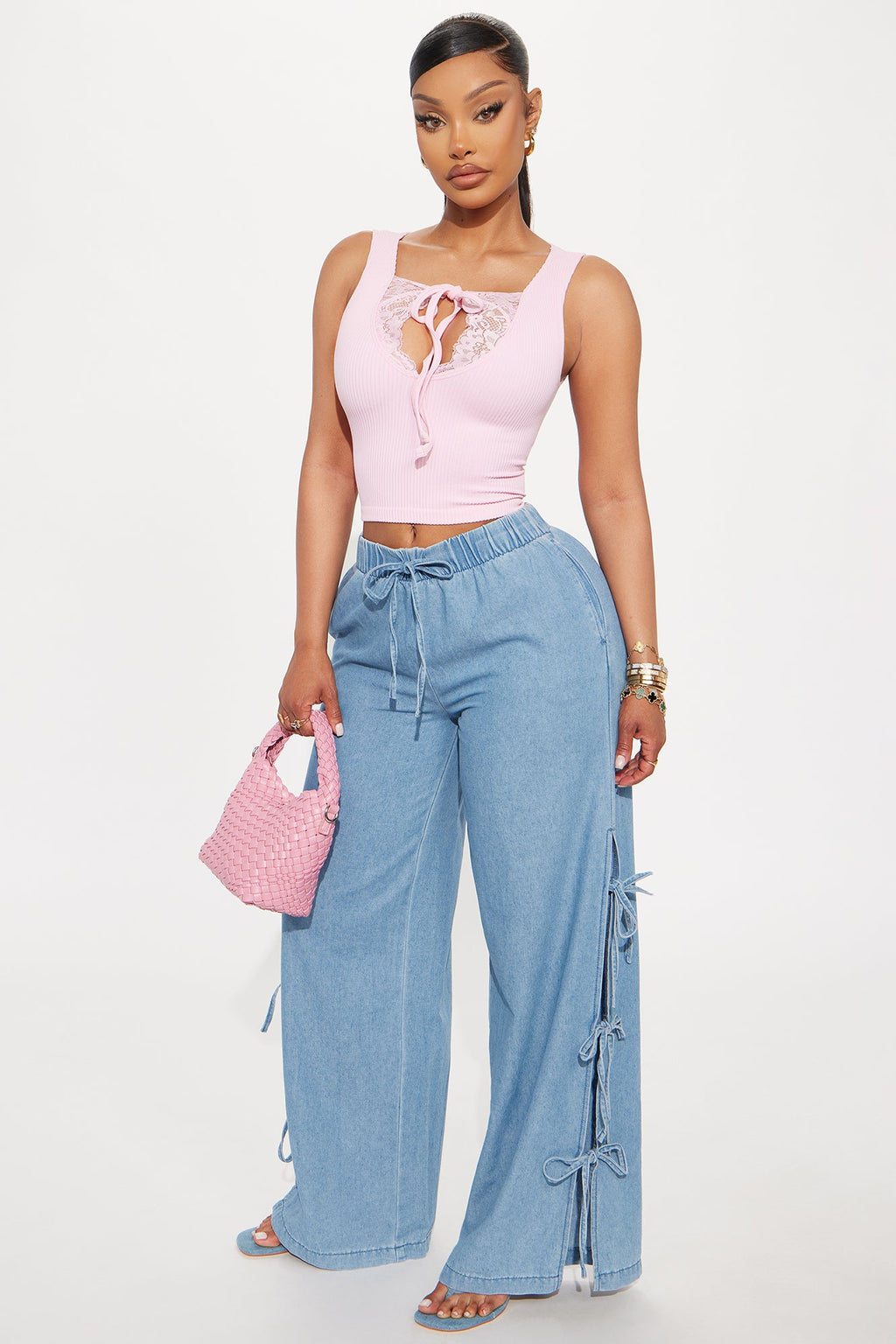 Lust For Bows Chambray Wide Leg Jeans - Medium Wash