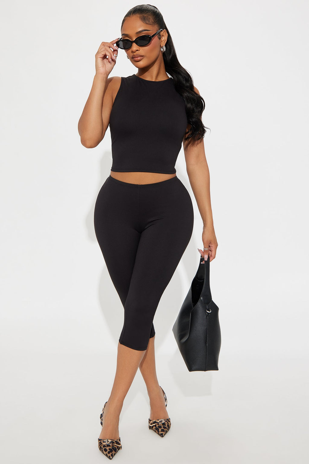 All Day Sleek Matte Tricot Capri Set - Black