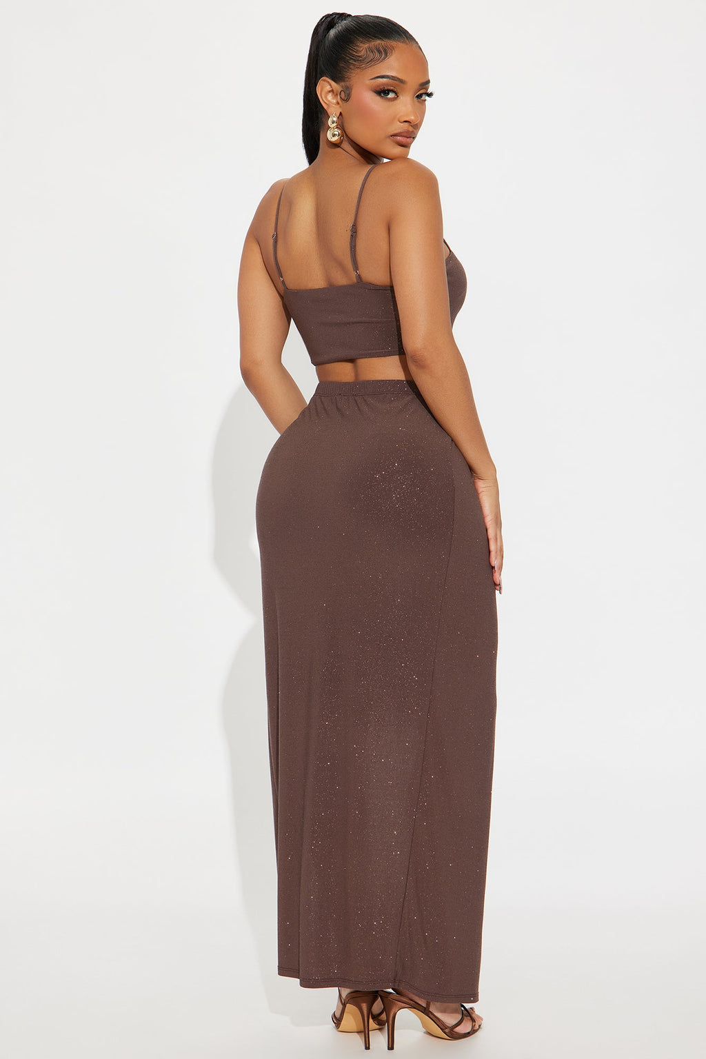 Perfect Night Shimmer Twist Front Maxi Skirt Set - Brown