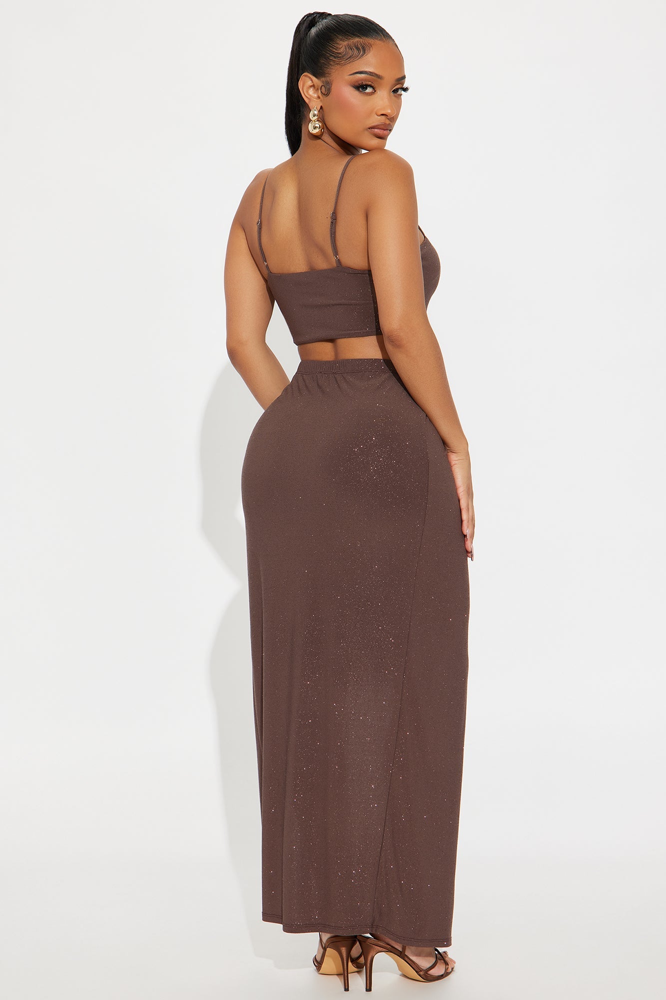 Perfect Night Shimmer Twist Front Maxi Skirt Set - Brown
