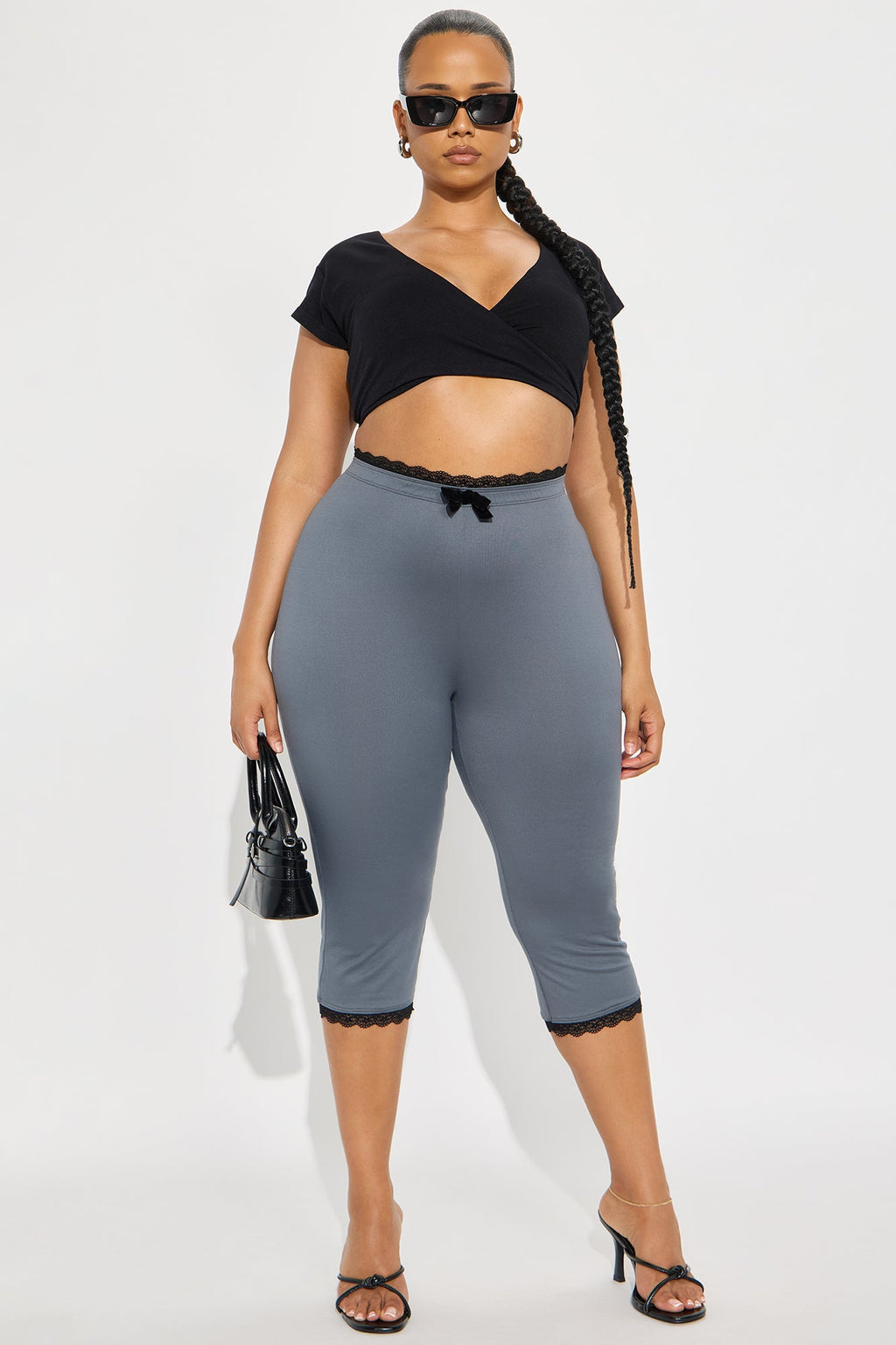 Valentina Solid Lace Trim Capri Legging - Charcoal