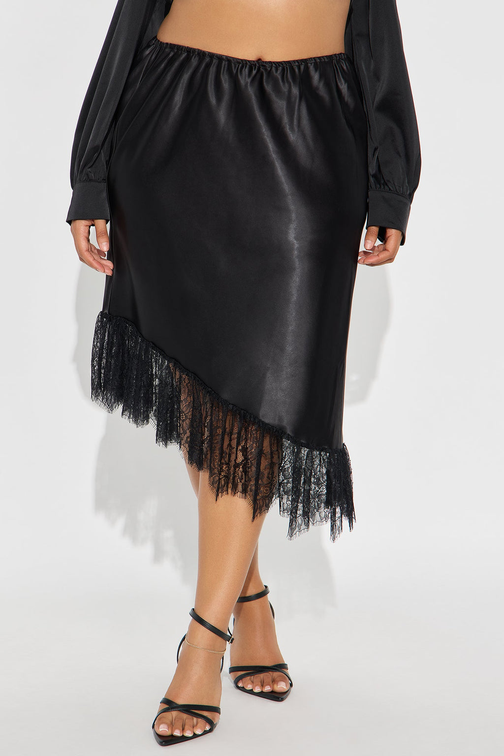 Dahlia Asymmetrical Satin Midi Skirt - Black