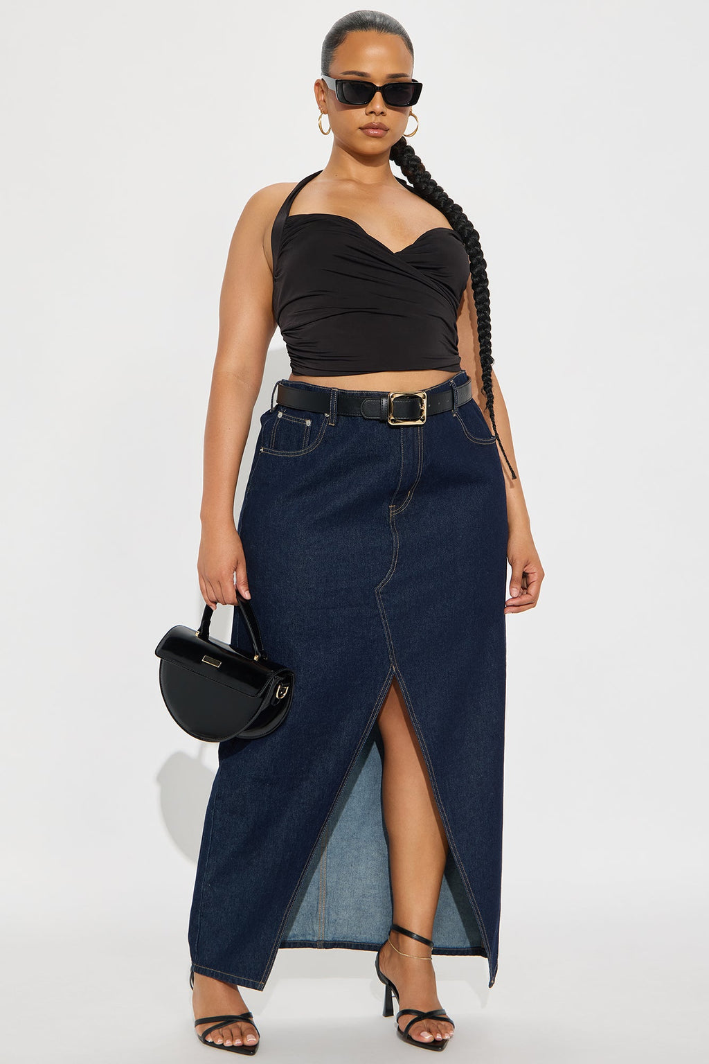 Miranda Denim Front Slit Midi Skirt - Dark Wash