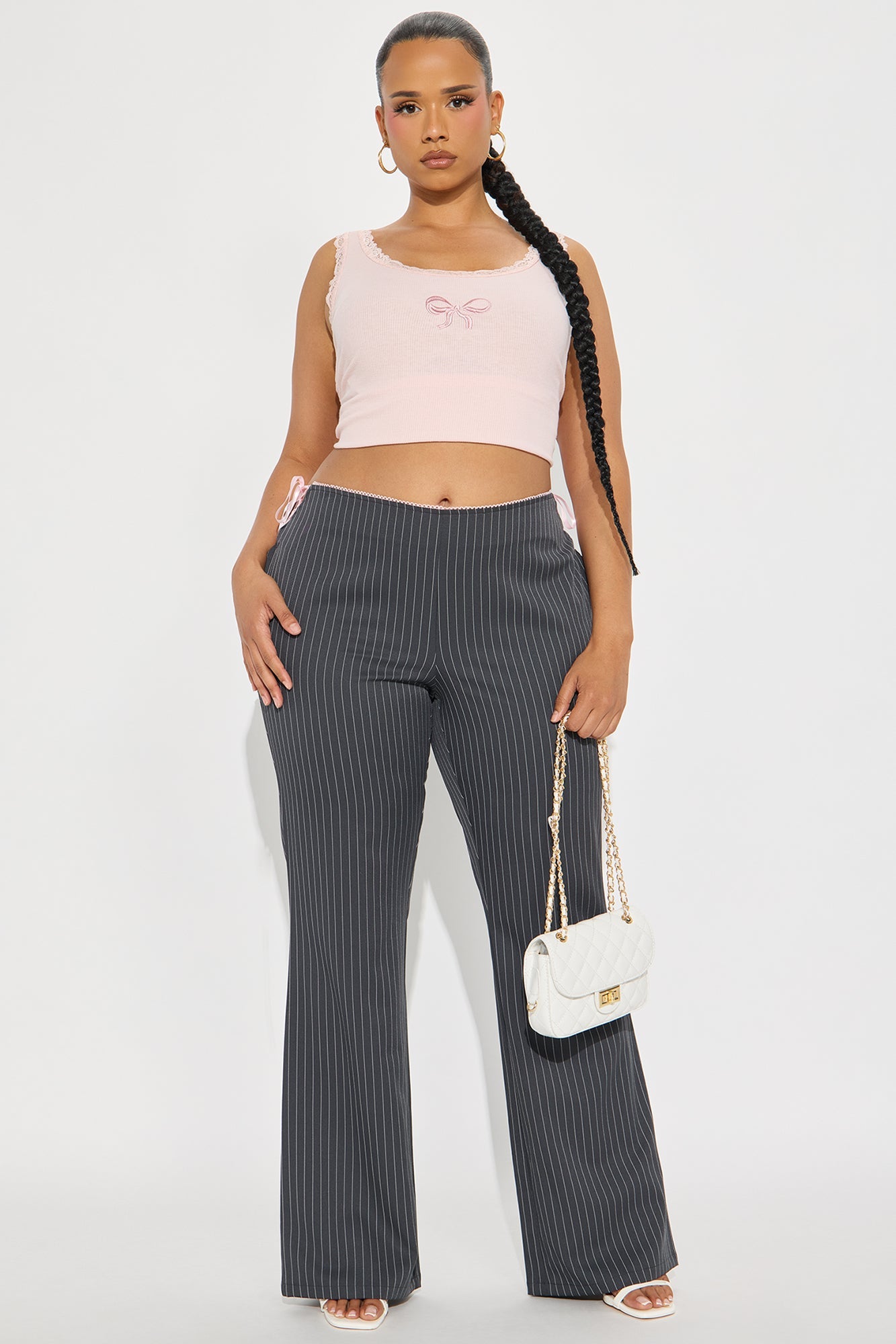 Sweet And Sassy Lace Up Pinstripe Flare Pant - Charcoal