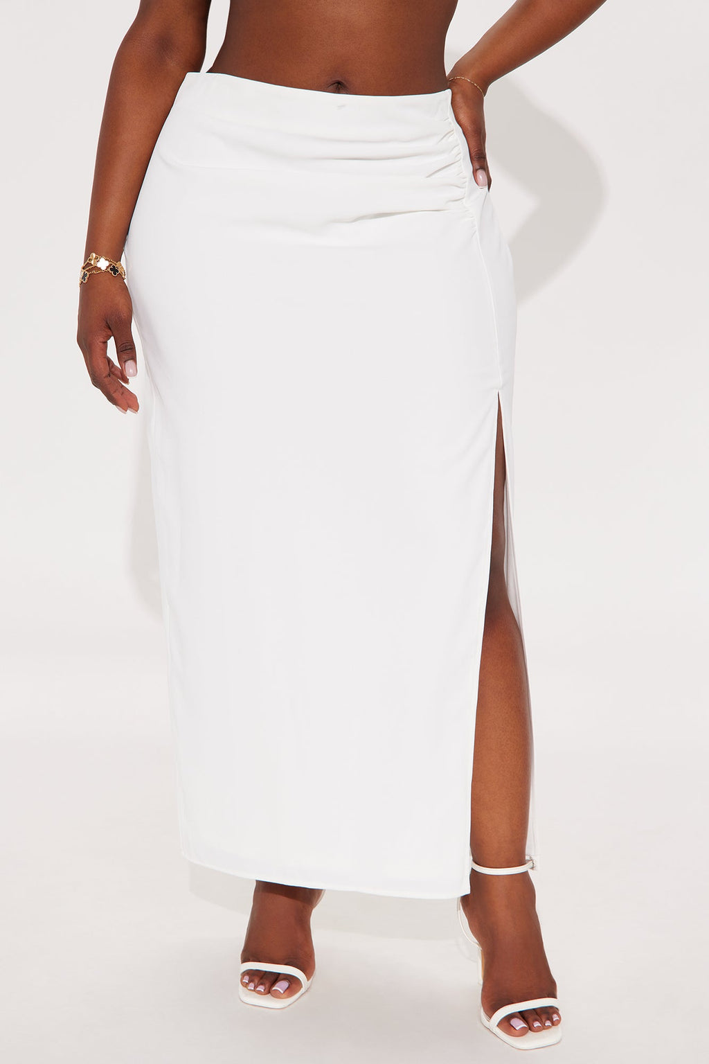 Somewhere In St. Tropez High Rise Ruched Midi Skirt W/ Slit - White
