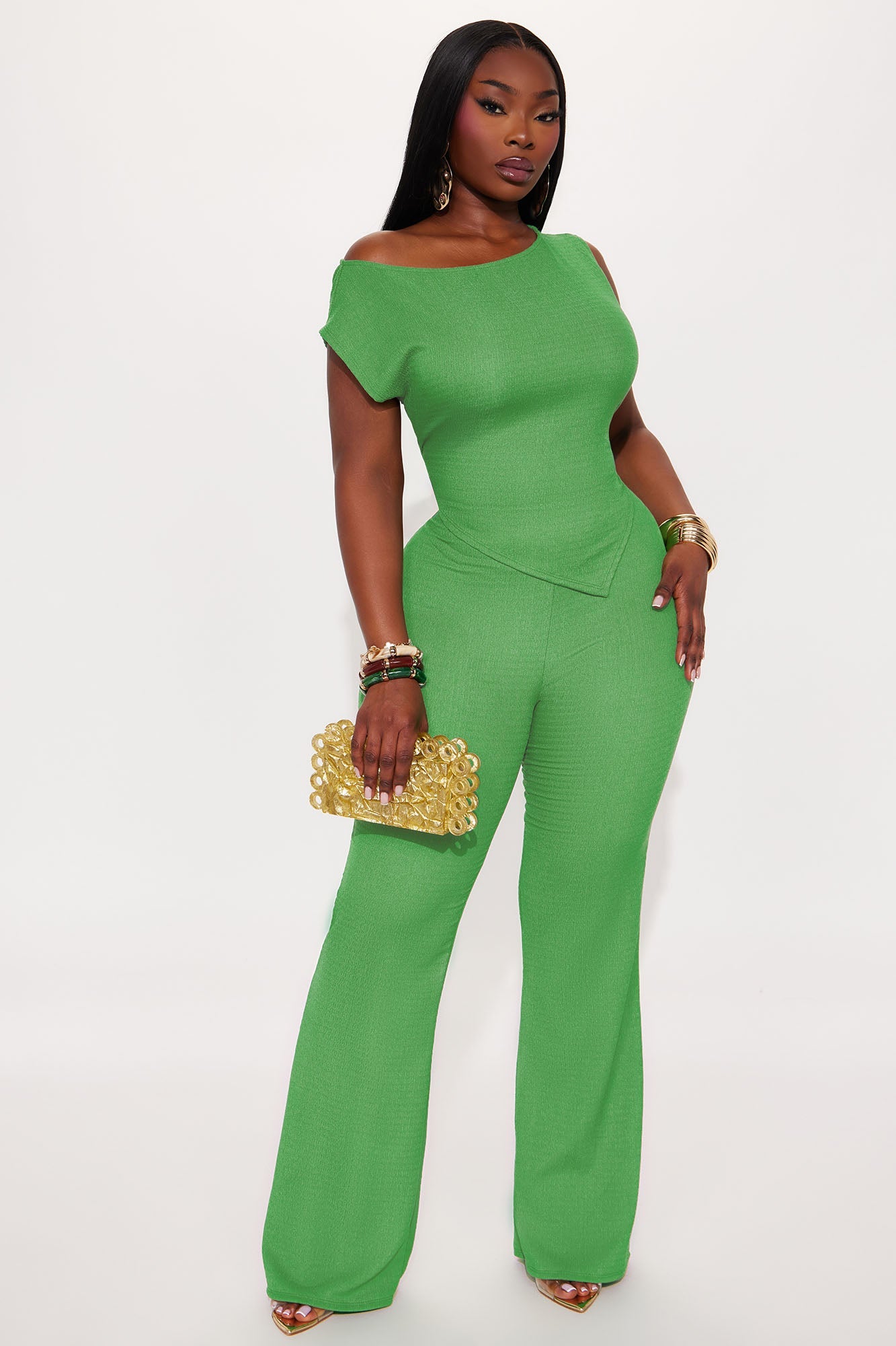 Kelly Asymmetrical Textured Pant Set - Green