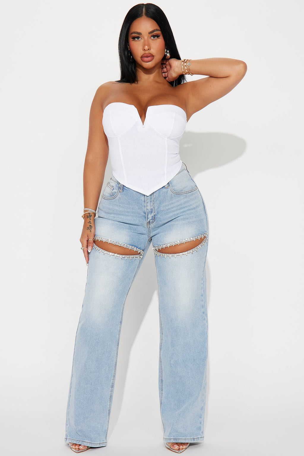 You Belong With Me Stretch Embellished Straight Leg Jeans - Light Wash