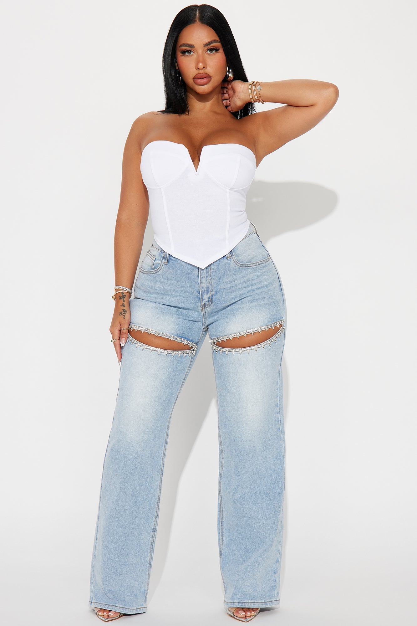 You Belong With Me Stretch Embellished Straight Leg Jeans - Light Wash