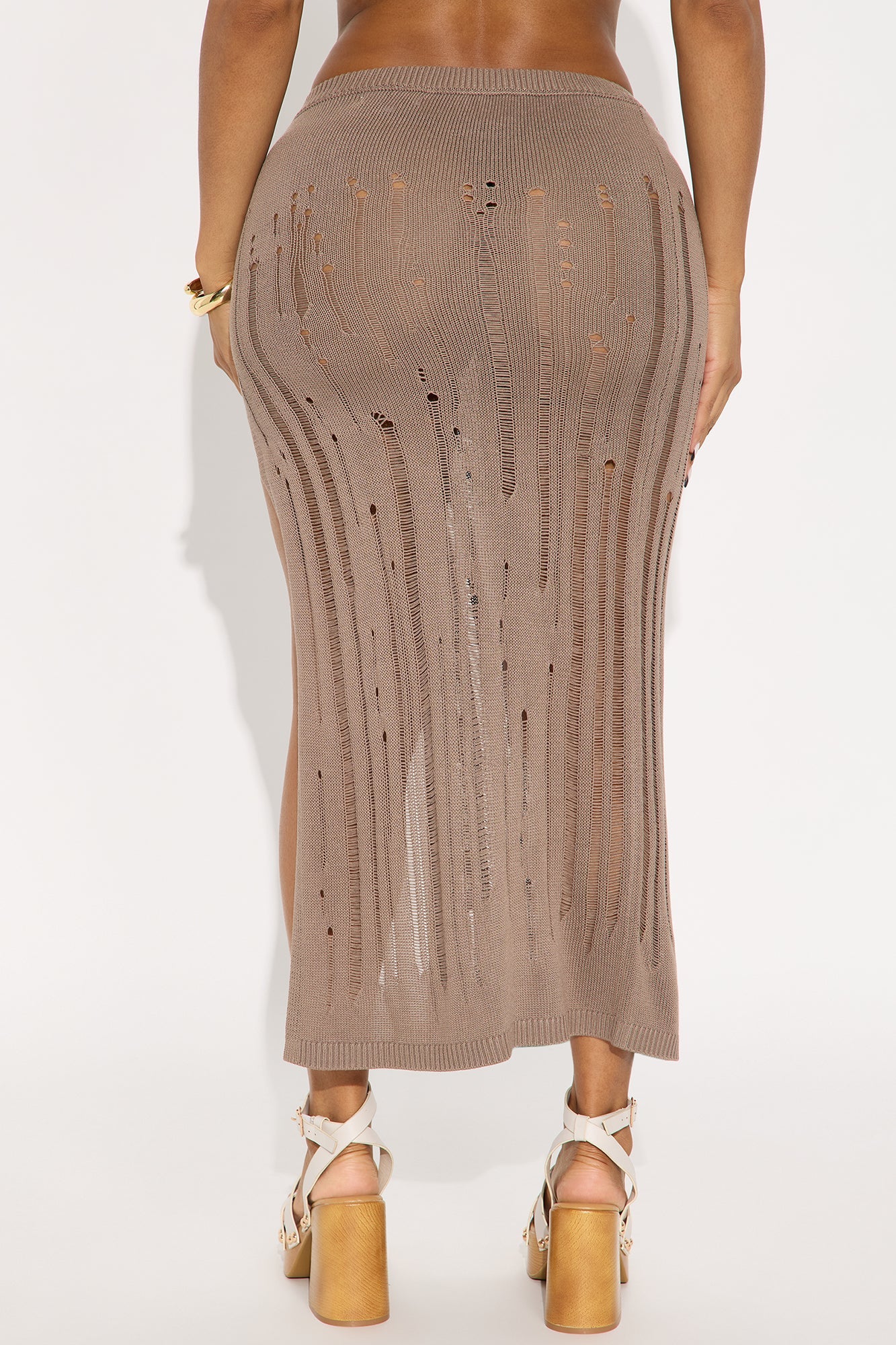 Baddie In Distress Knit Midi Skirt - Taupe