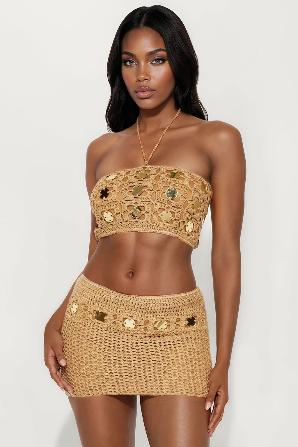 Isla Celeste Crochet Gold Coin Mini Skirt Set - Gold