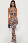 Ciara Leopard Mesh Backless Halter Pant Set - Brown/combo