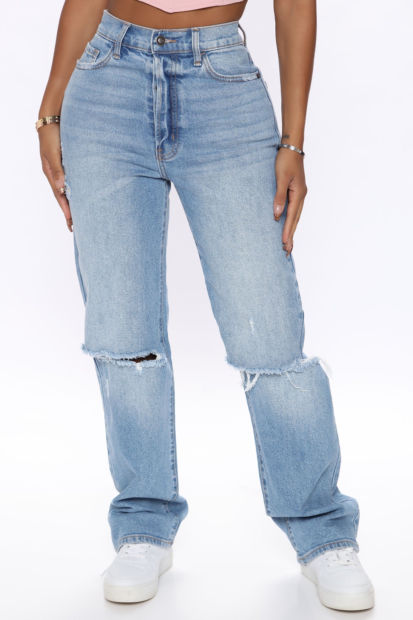 As You Please Ripped Straight Leg Jeans - Light Blue Wash