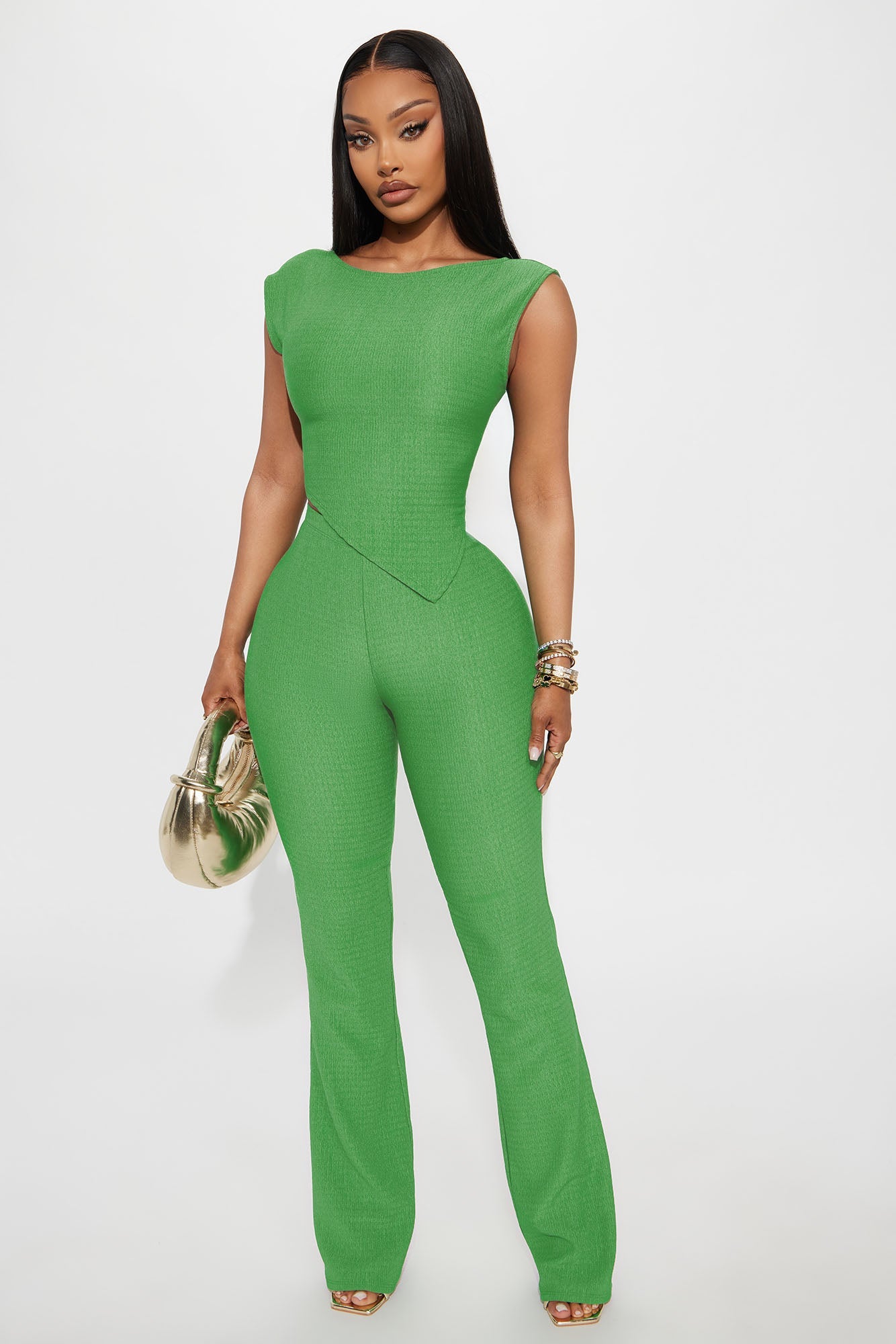 Kelly Asymmetrical Textured Pant Set - Green
