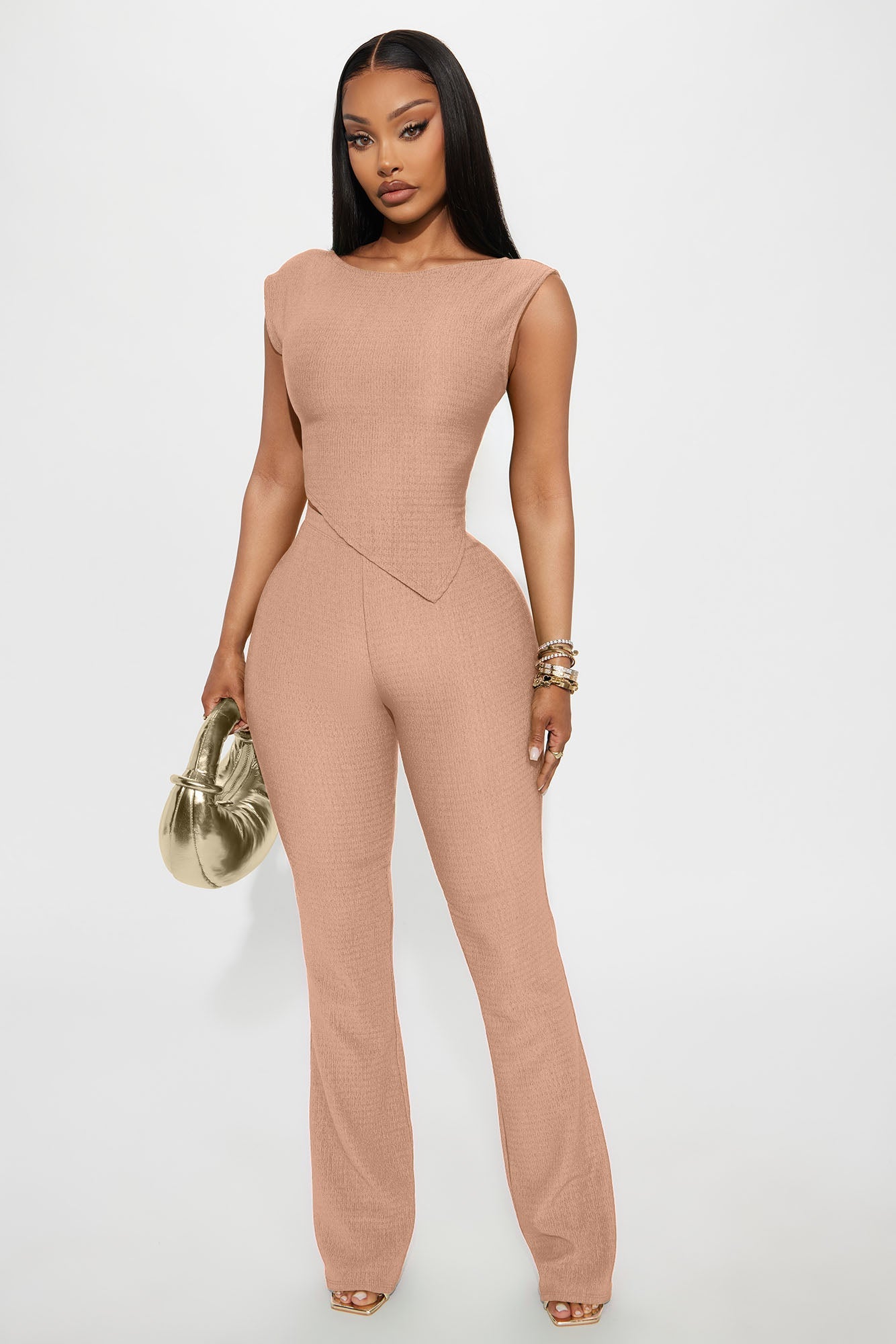 Kelly Asymmetrical Textured Pant Set - Taupe