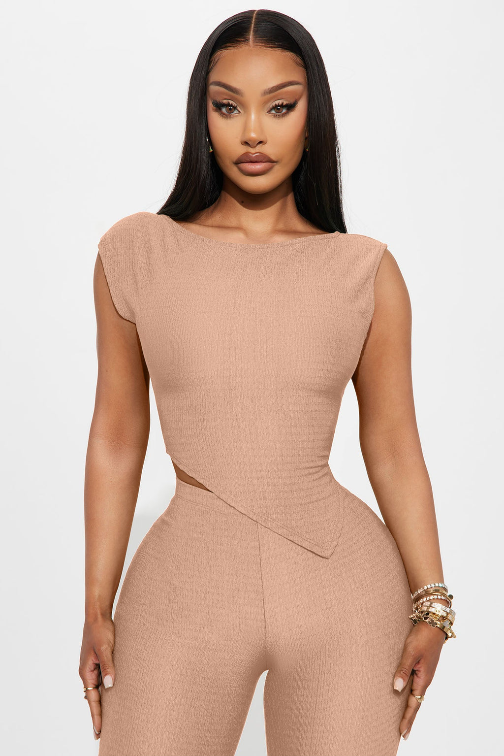 Kelly Asymmetrical Textured Pant Set - Taupe