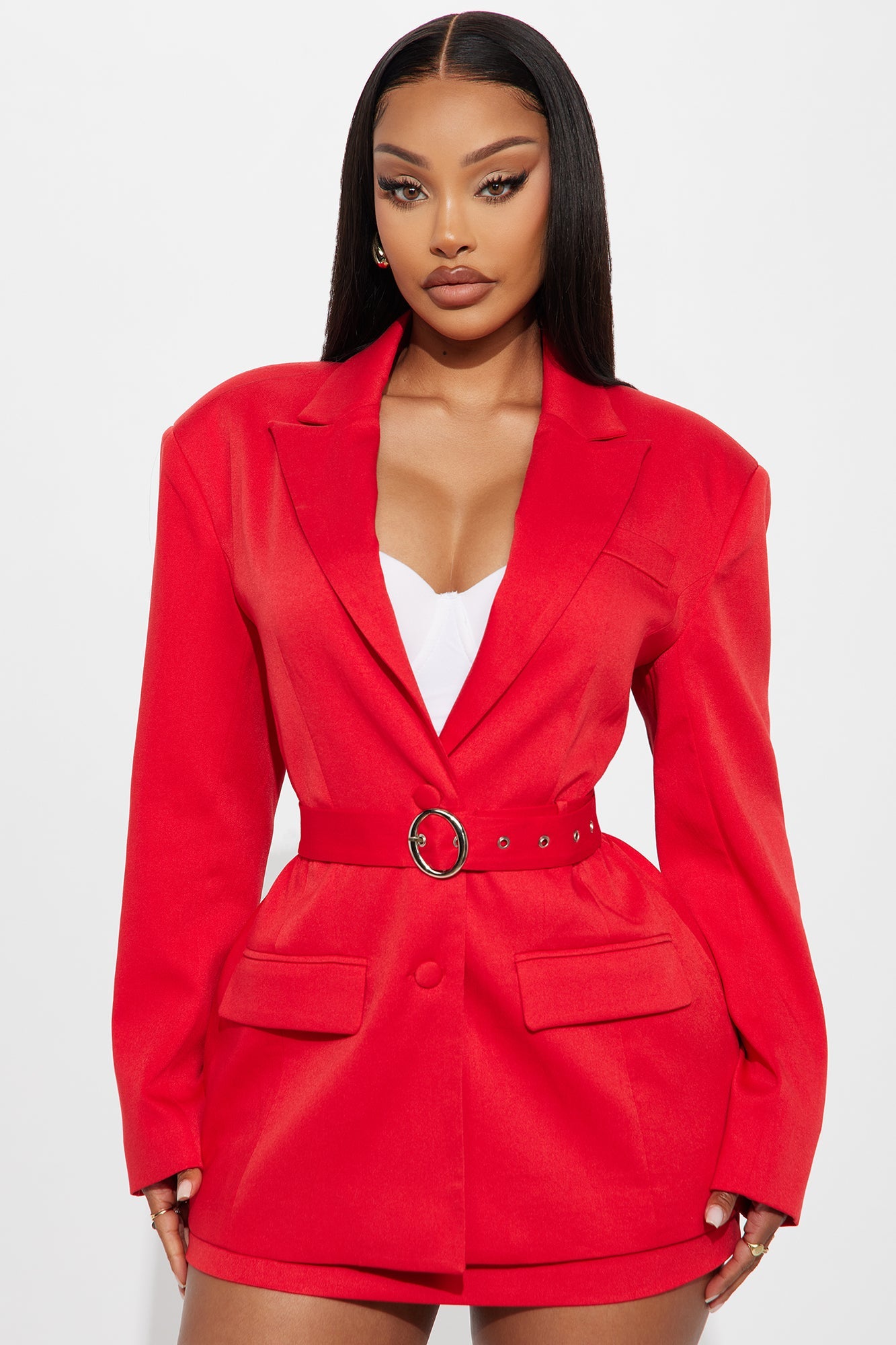 Elaine Hourglass Belted Blazer - Red