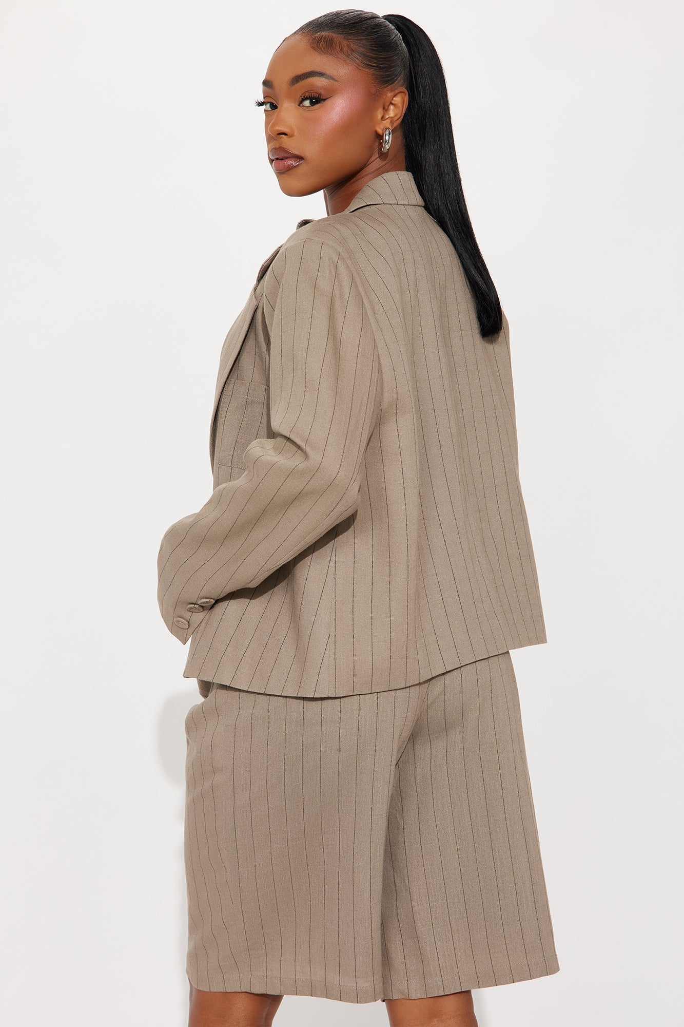 Penelope Pinstripe Linen Blazer - Mocha