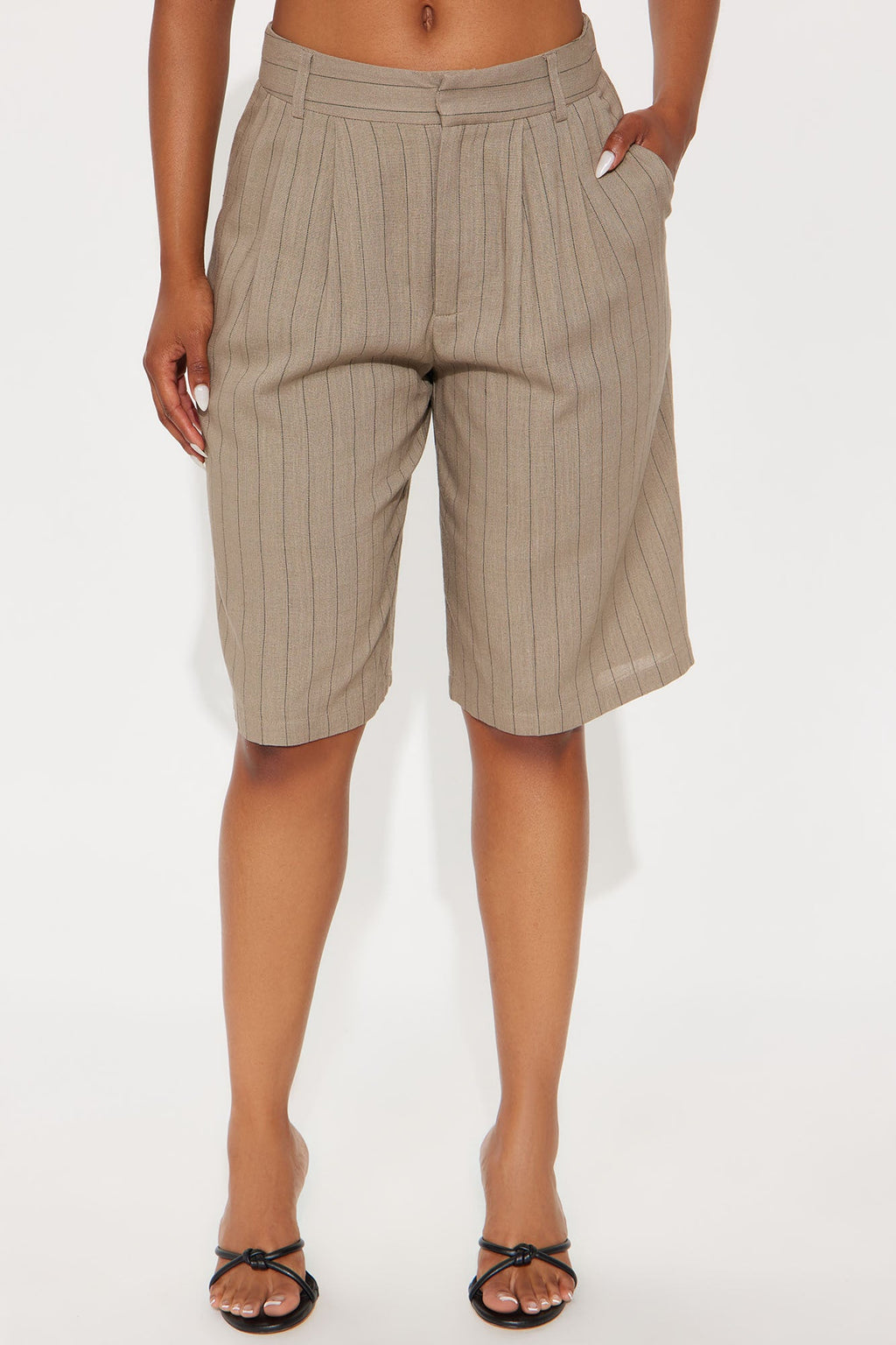 Penelope Pinstripe Linen Trouser Short - Mocha