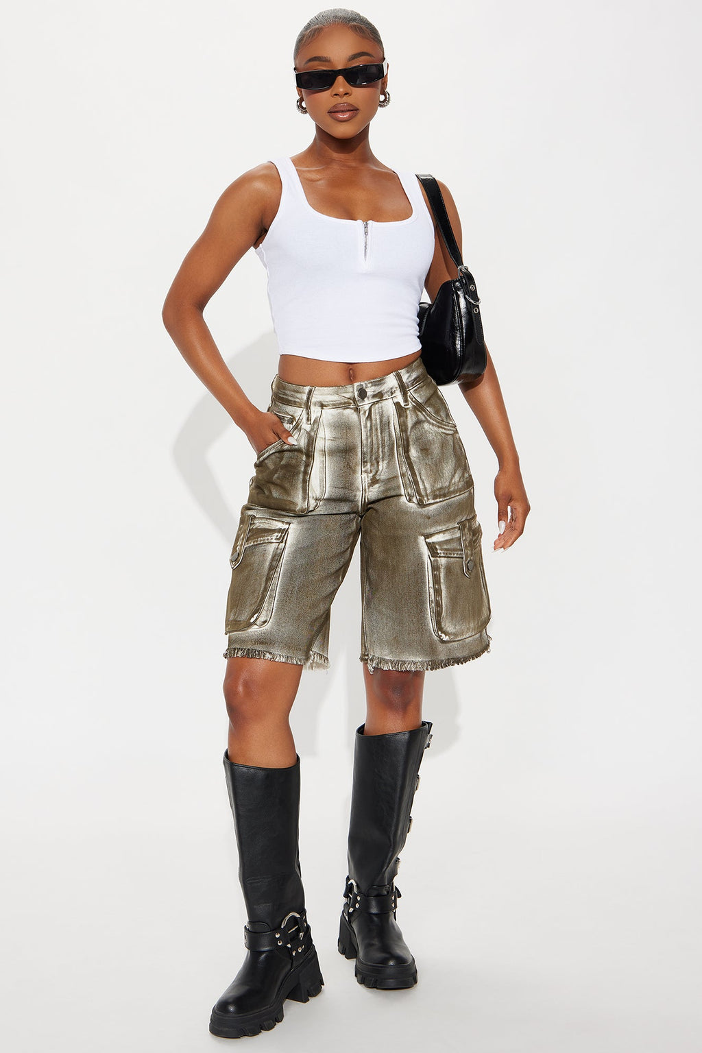 On A Mission Cargo Denim Jorts - Dark Olive