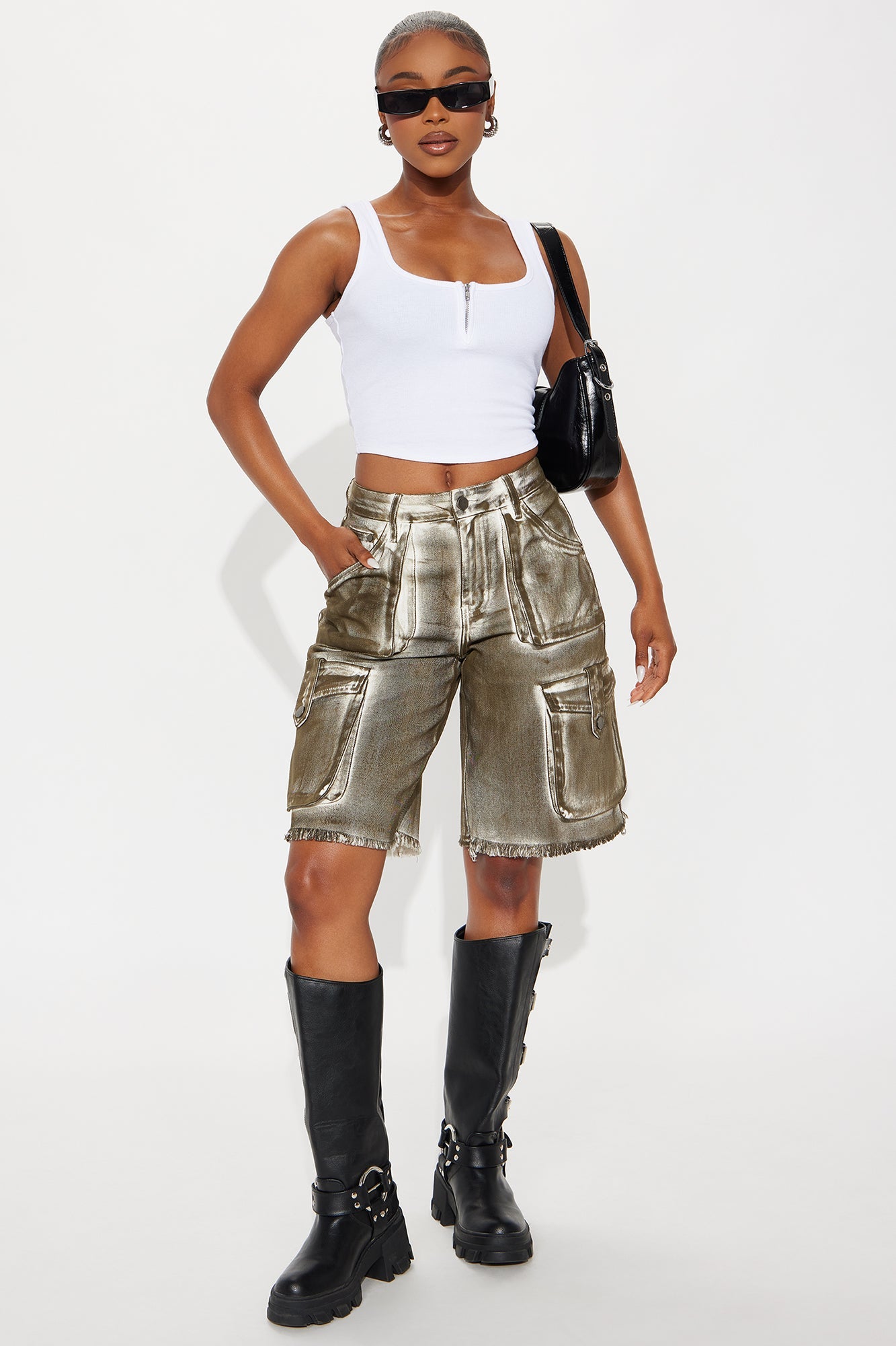 On A Mission Cargo Denim Jorts - Dark Olive