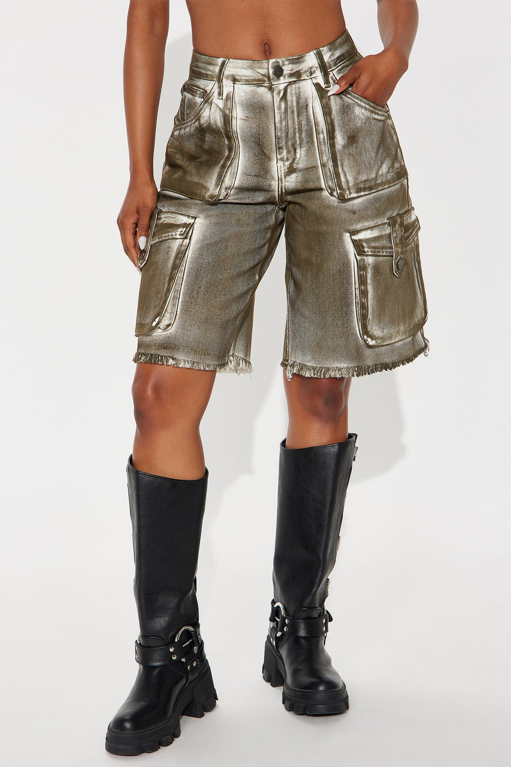 On A Mission Cargo Denim Jorts - Dark Olive