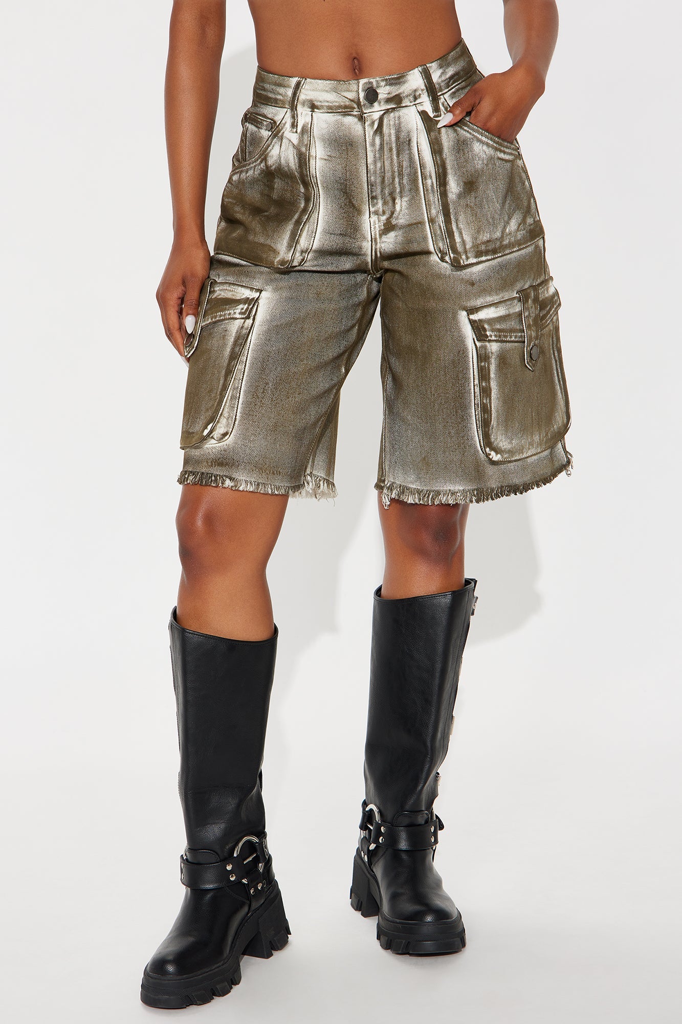 On A Mission Cargo Denim Jorts - Dark Olive