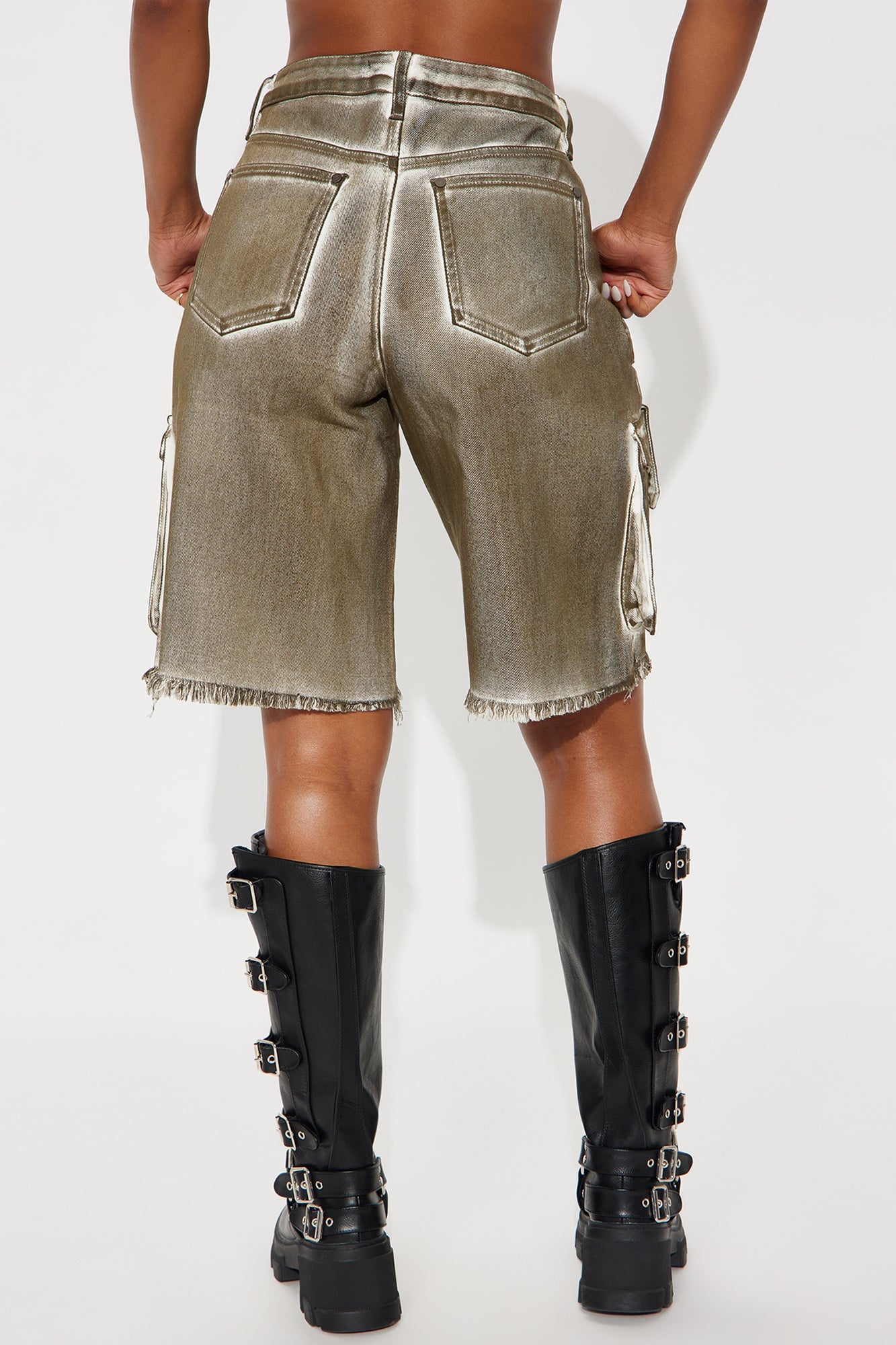 On A Mission Cargo Denim Jorts - Dark Olive