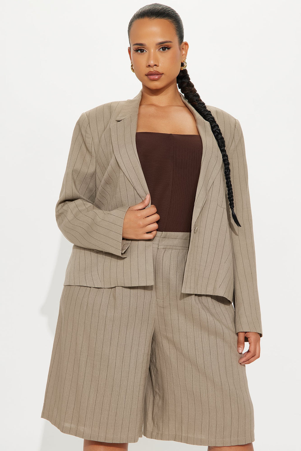 Penelope Pinstripe Linen Blazer - Mocha
