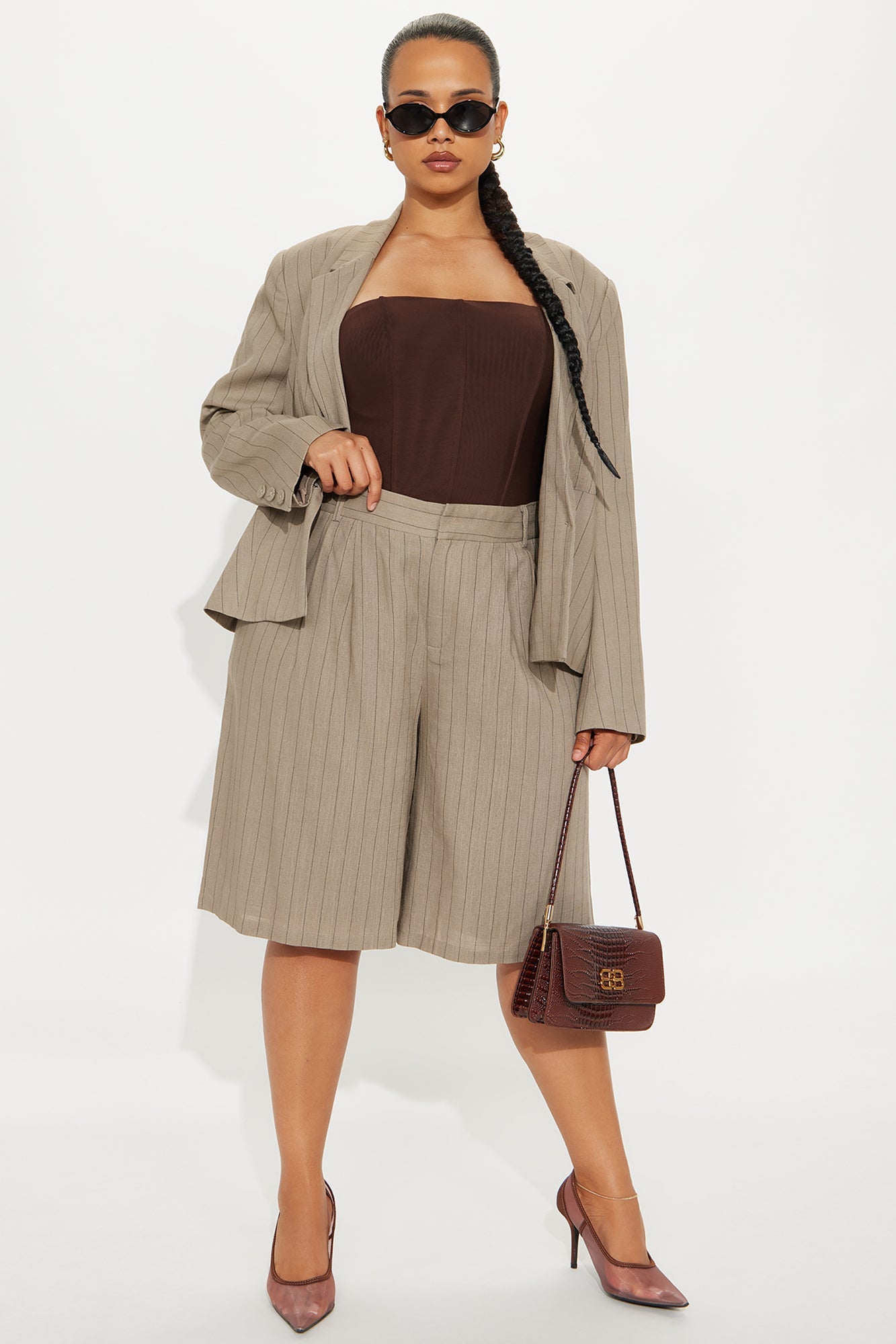 Penelope Pinstripe Linen Trouser Short - Mocha