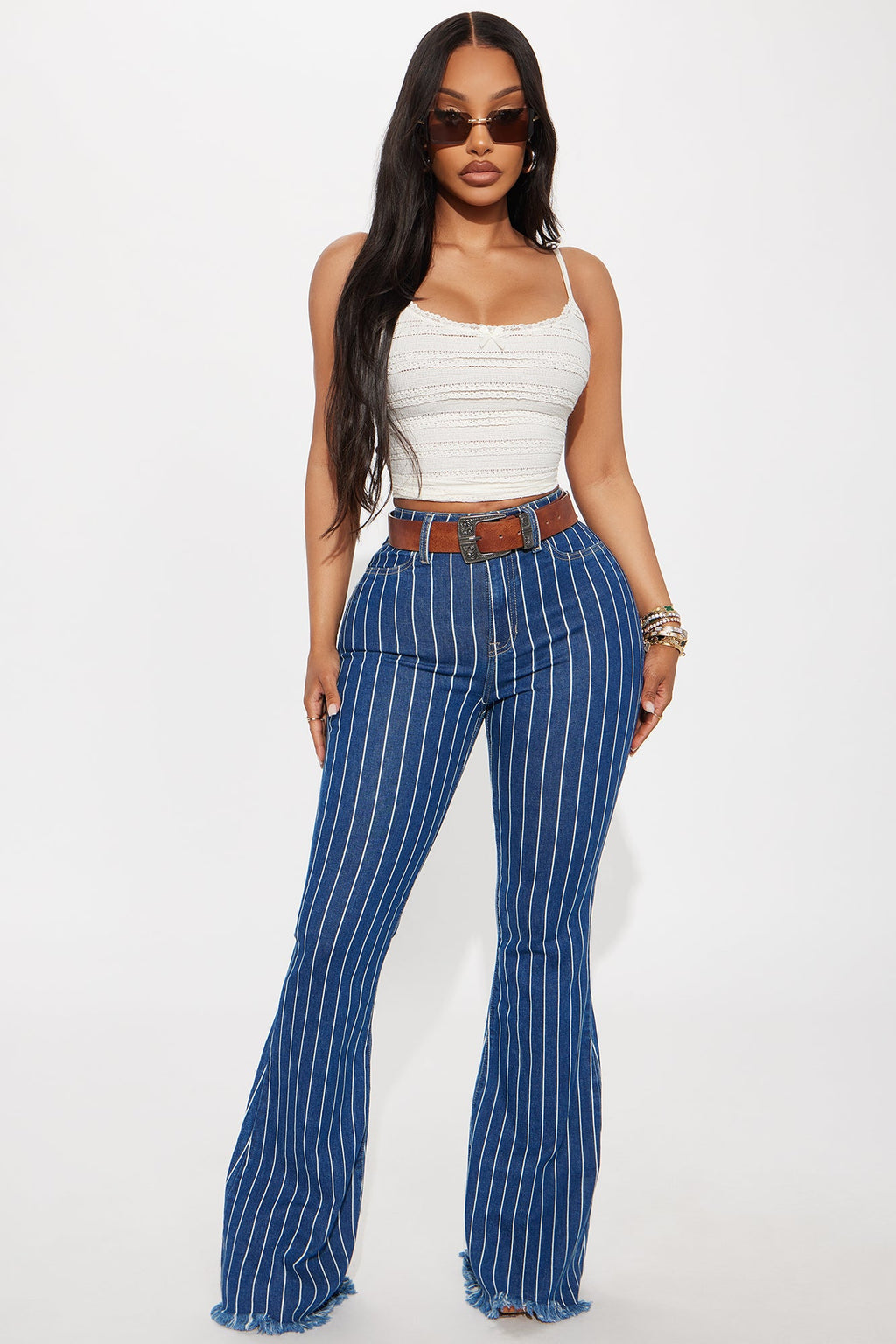 Crossed The Line Striped Flare Jeans - Dark Wash