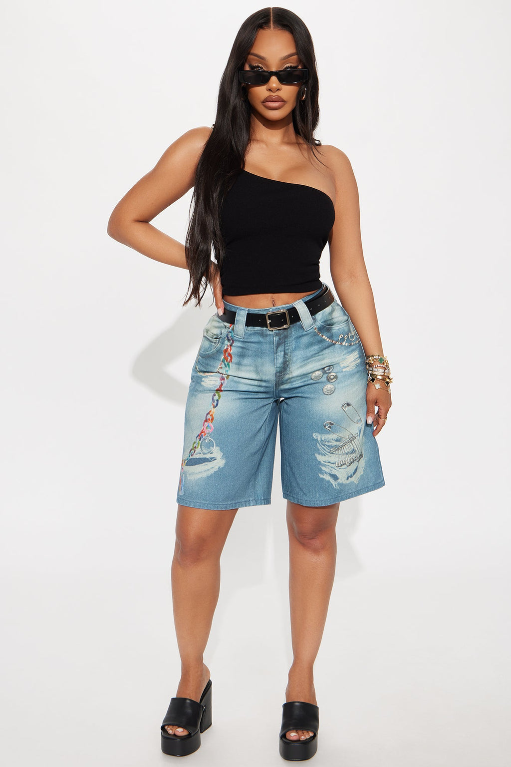 Chain Of Command Printed Jorts - Medium Wash