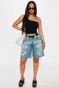 Chain Of Command Printed Jorts - Medium Wash
