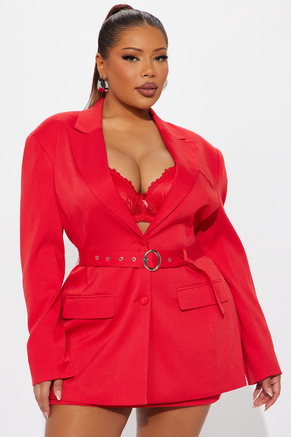 Elaine Hourglass Belted Blazer - Red
