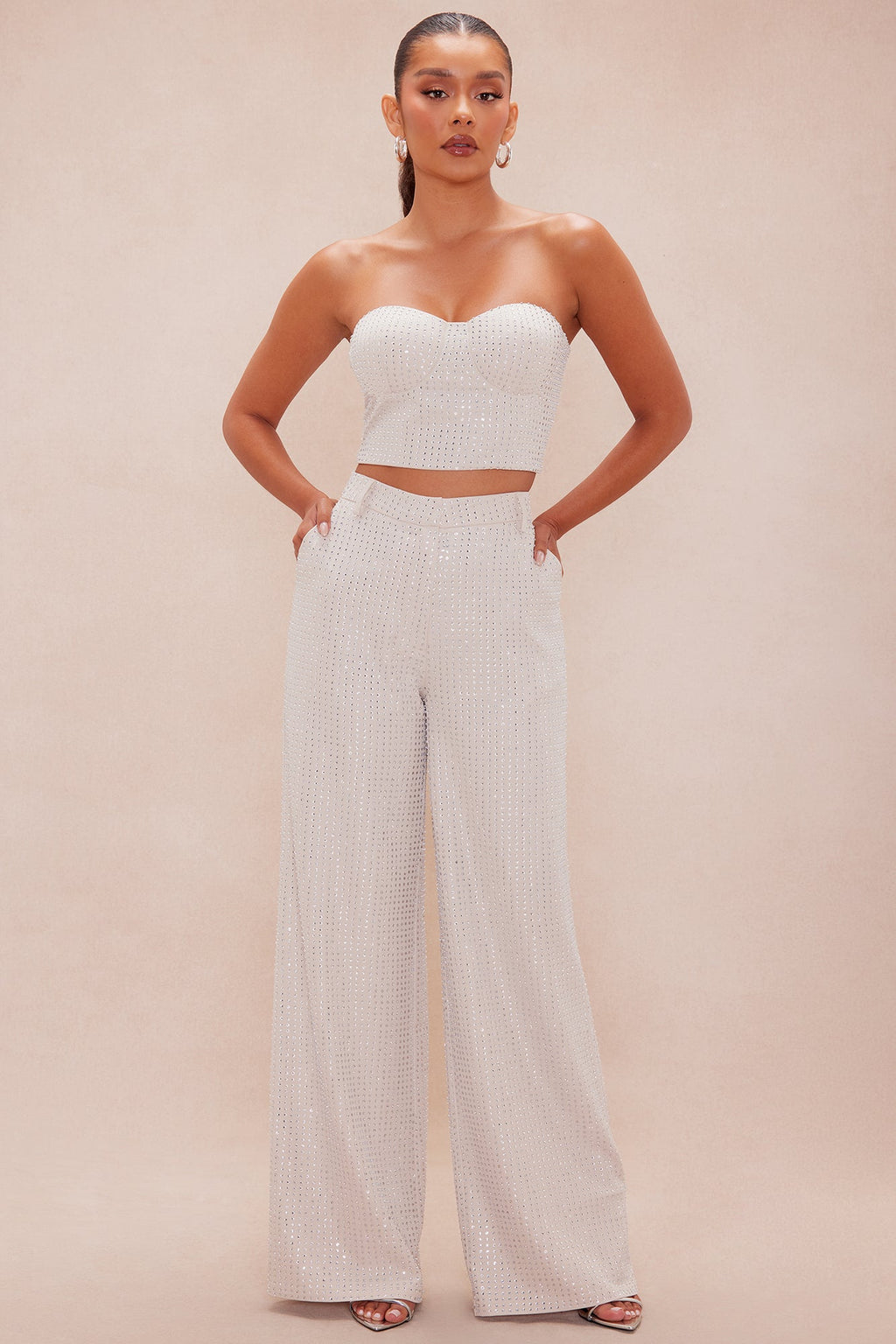 Deena Embellished Wide Leg Pant - Nude