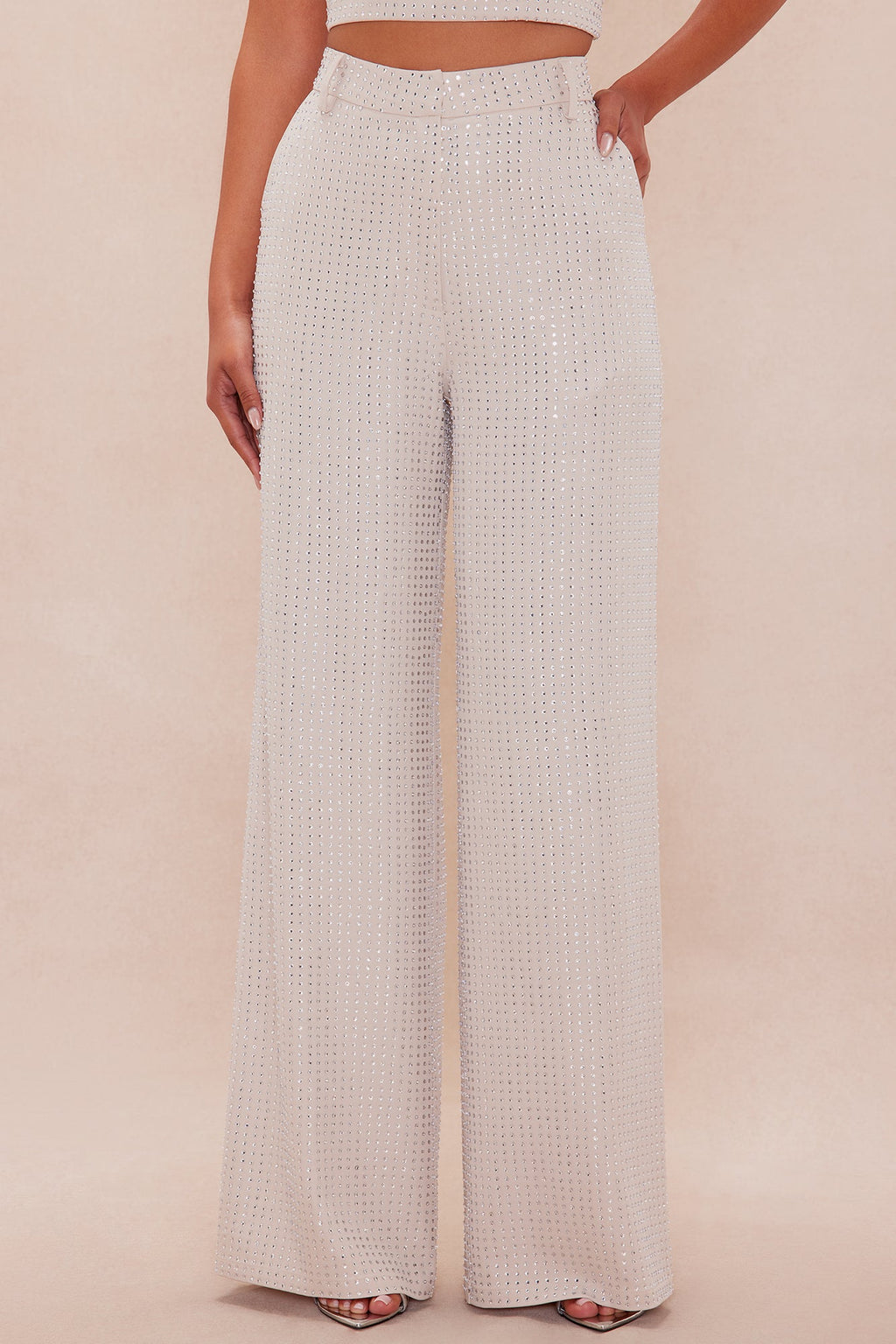 Deena Embellished Wide Leg Pant - Nude