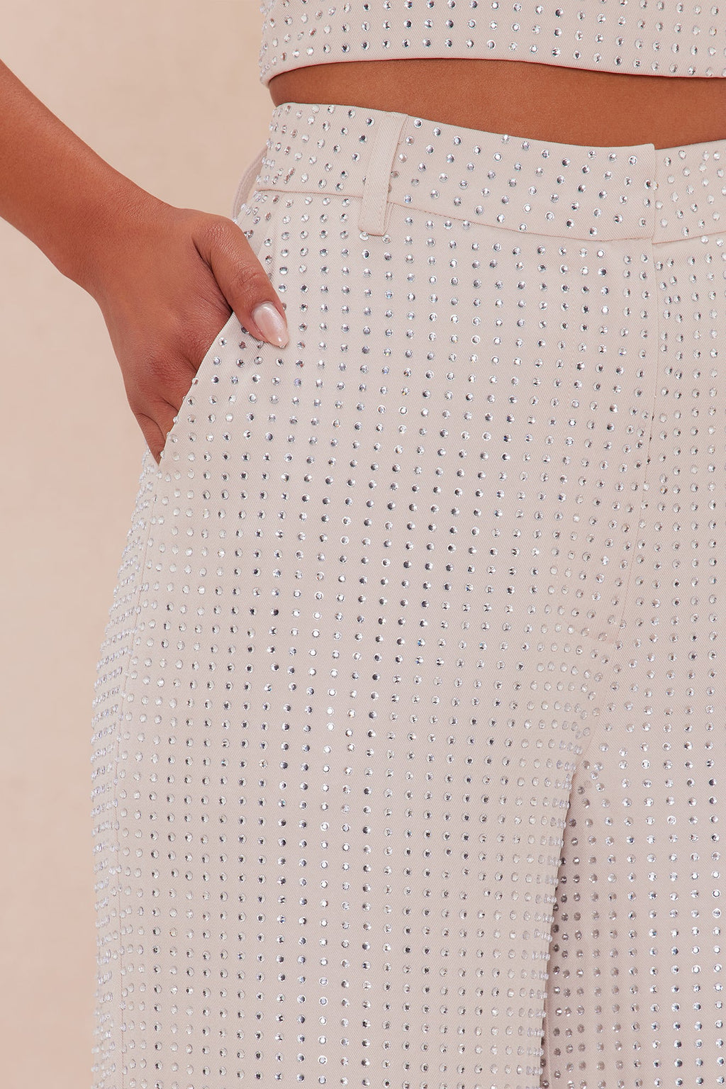 Deena Embellished Wide Leg Pant - Nude