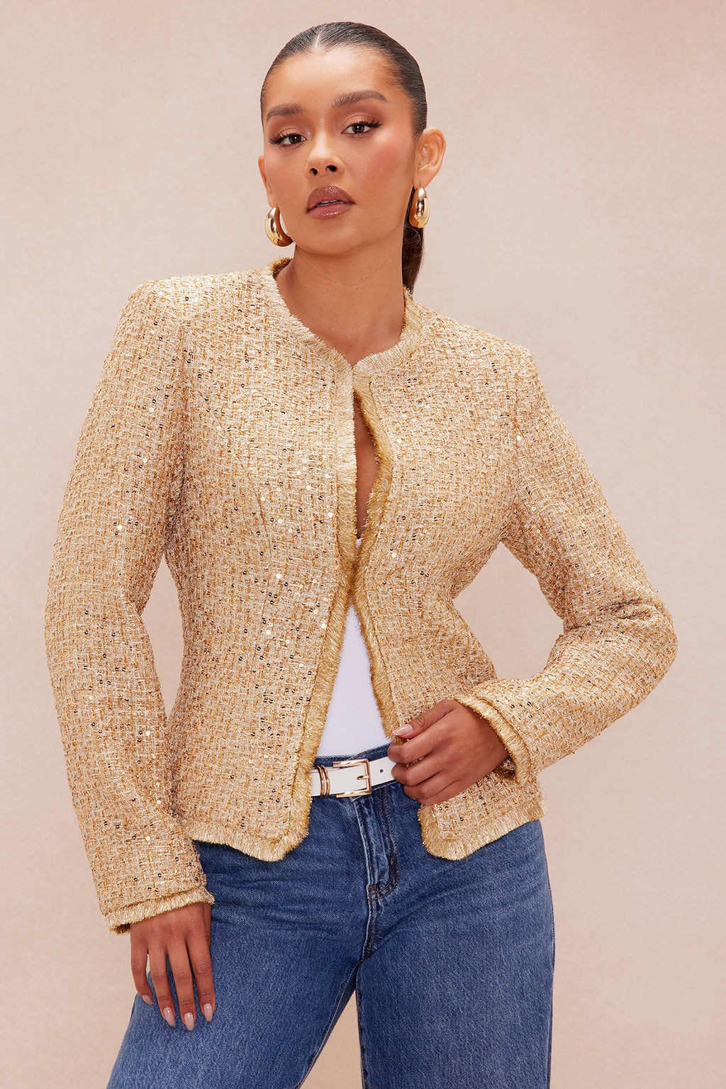 Angelica Fringe Tweed Jacket - Gold