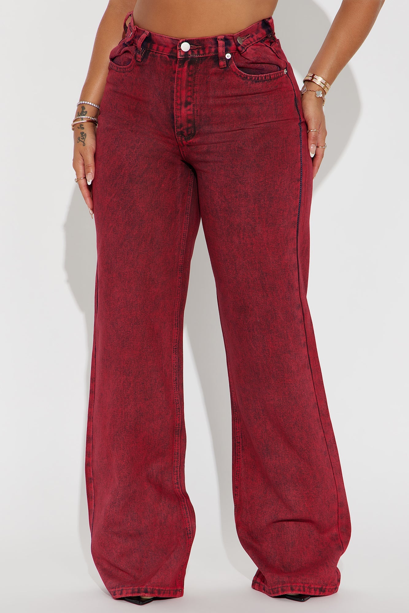 Red Hot Coated Wide Leg Jeans - Red