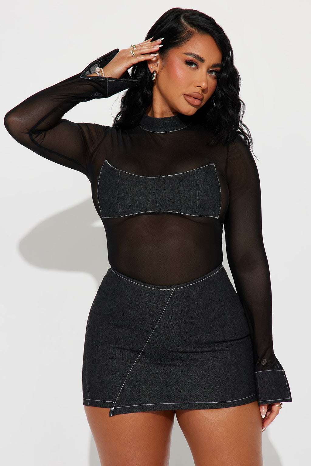 Daunting Denim Skirt Set - Black