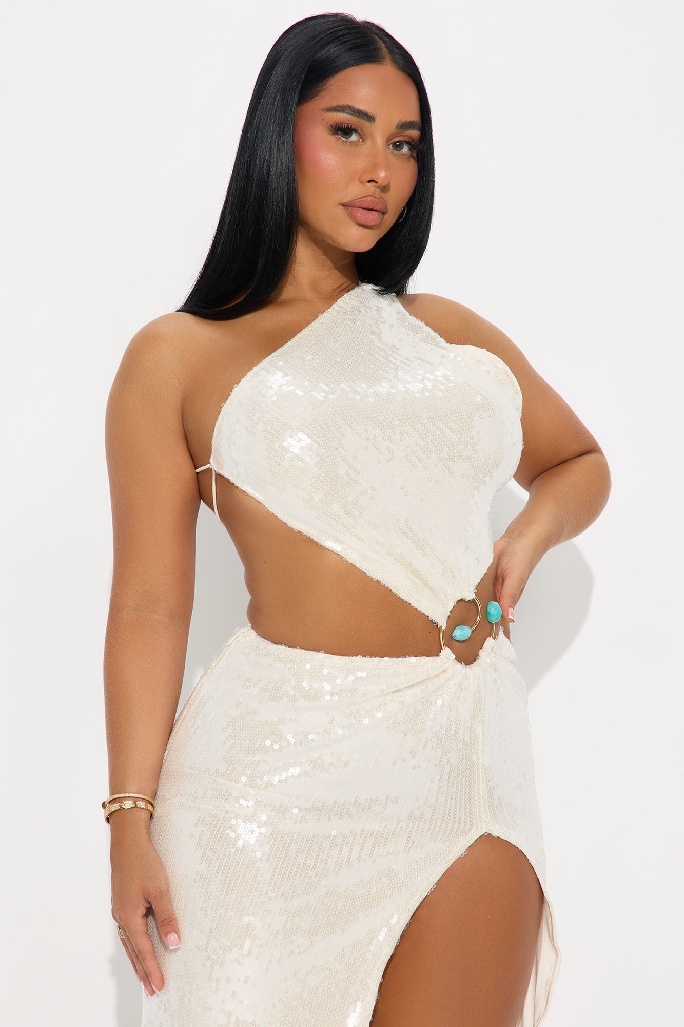 Tropical Tease Sequin One Shoulder Maxi Dress - Gold