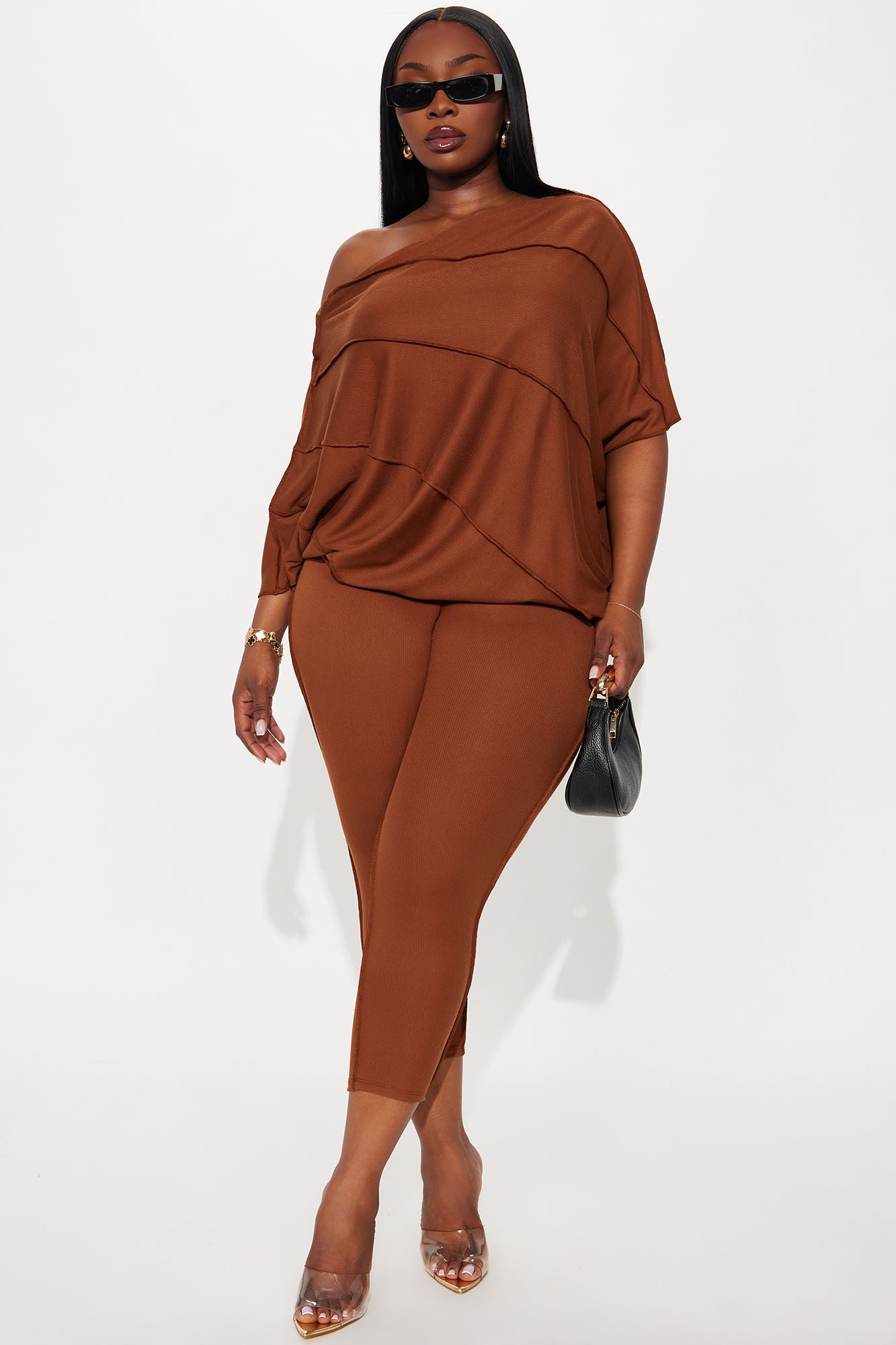 Becca Off Shoulder Ribbed Pant Set - Mocha