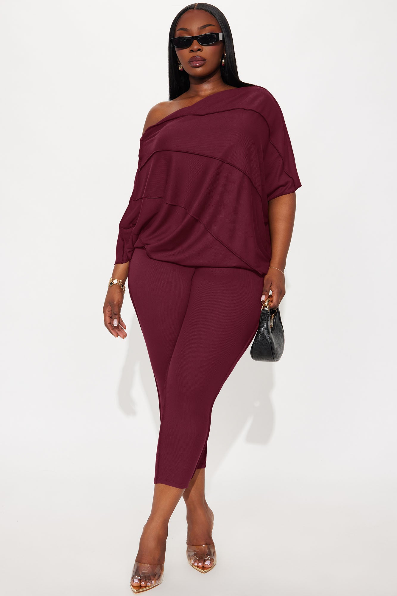 Becca Off Shoulder Ribbed Pant Set - Burgundy