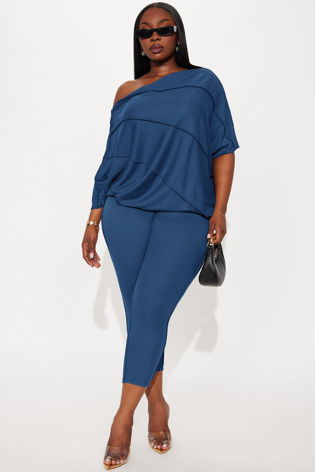 Becca Off Shoulder Ribbed Pant Set - Denim